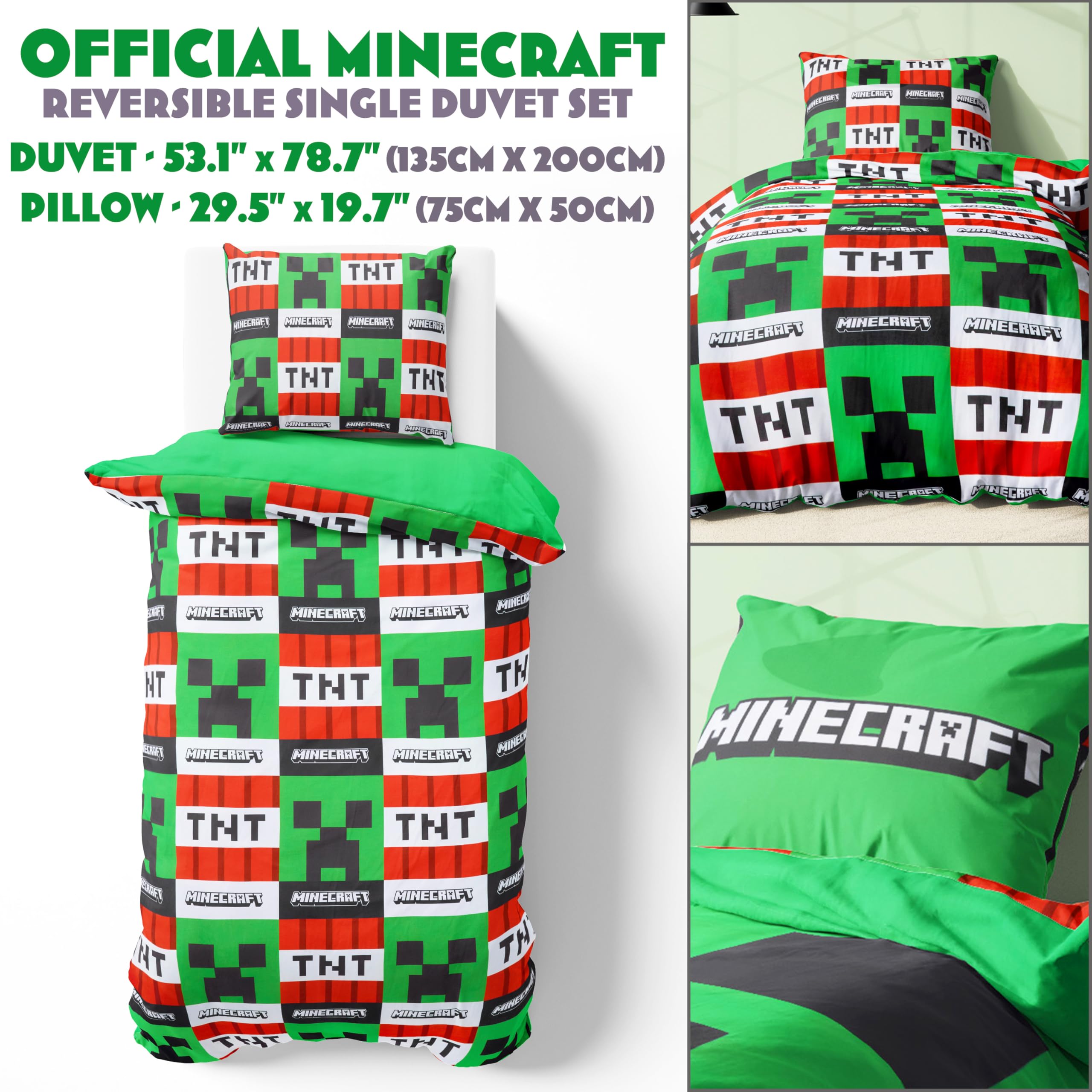 Get Trend Minecraft Pojedynczy zestaw poszewek na kołdrę dla dzieci i nastolatków, dwustronna pościel i poszewka na poduszkę dla chłopców i dziewcząt, akcesoria do sypialni, prezenty anime dla