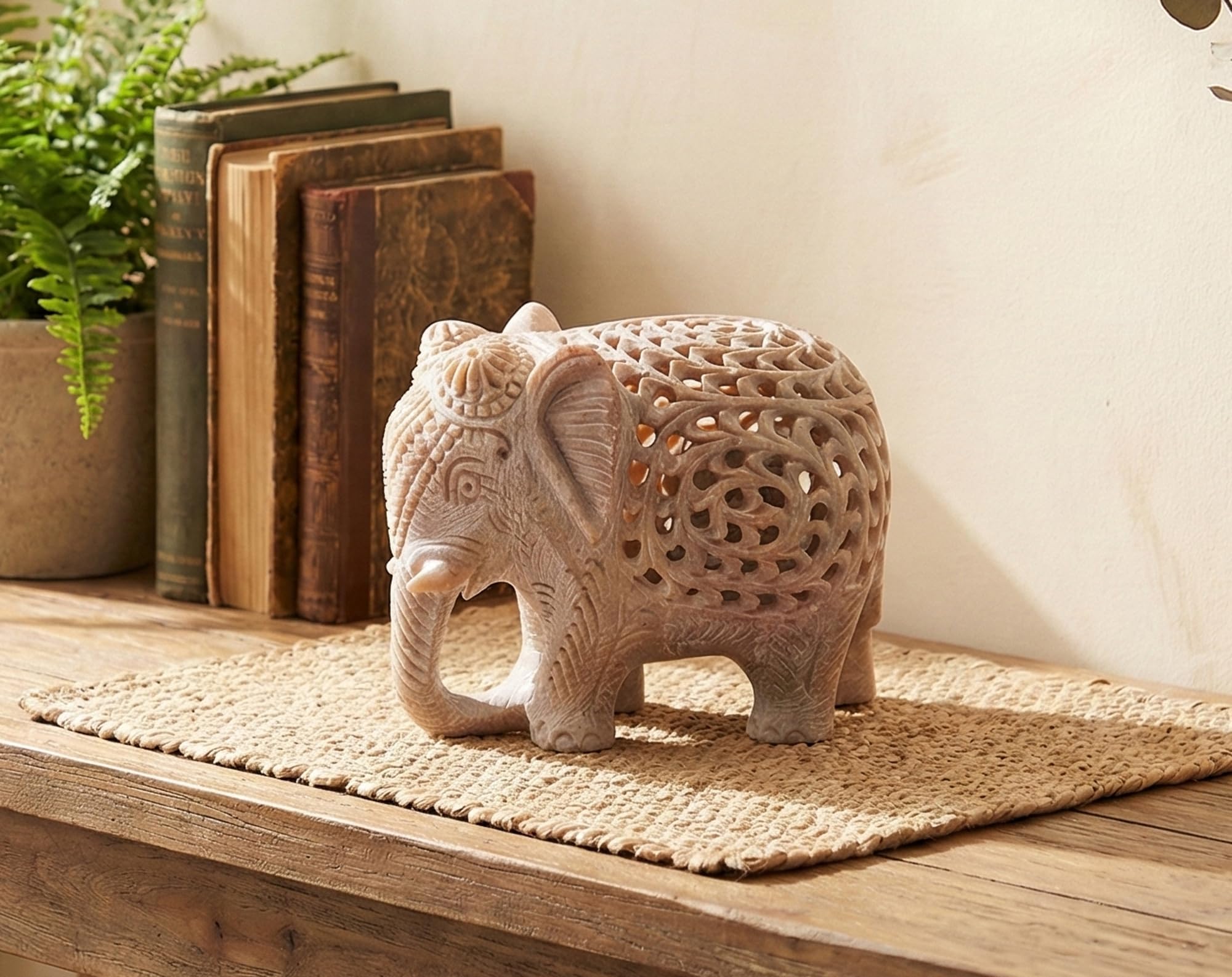 ESPLANADE Marble Soapstone Carved Elephant - Baby Inside Mother's Tummy | Home Decor Items | Marble - Natural Brown - 3" Inches