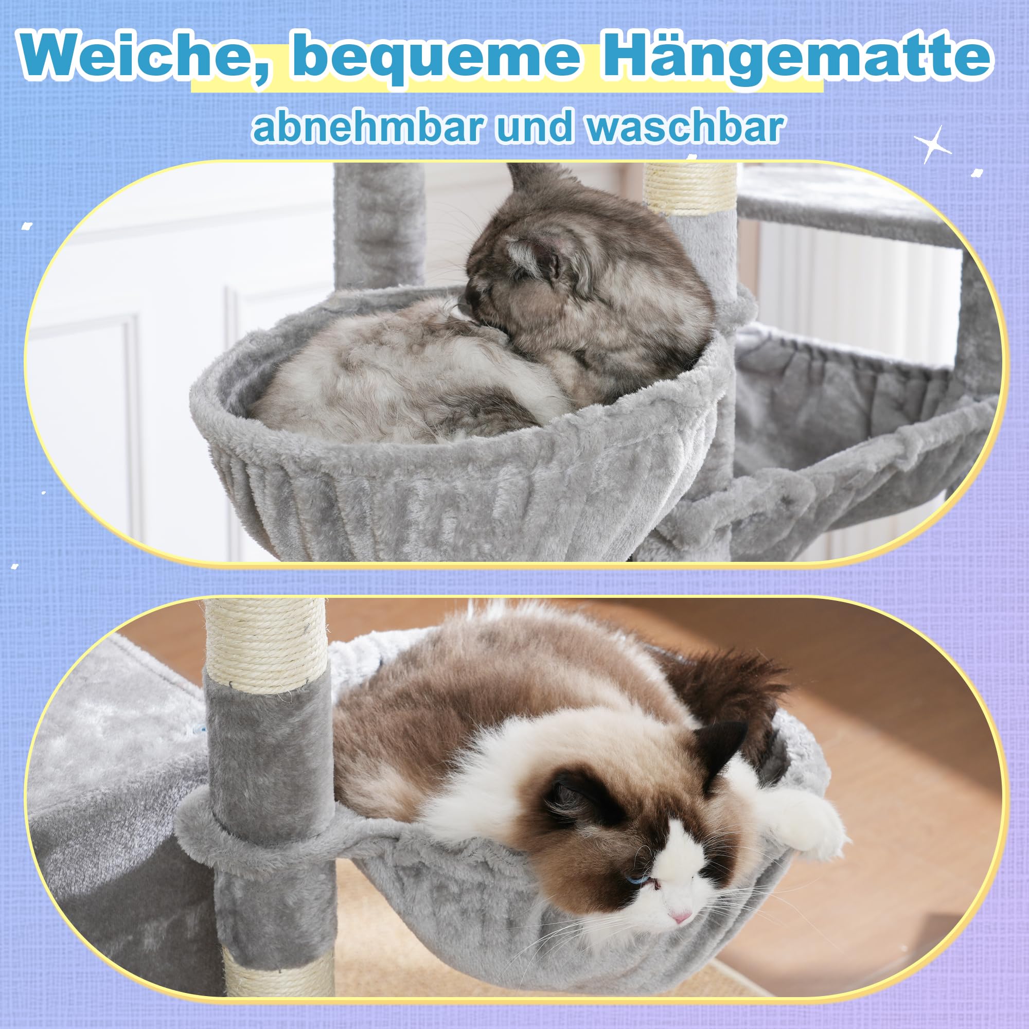 Hey-brother Arbre à Chat Stable 182 cm pour Grands Chats Adultes, MPJ080W | Grand Tour de jeu chat avec 2 grandes plateformes, 3 hamacs, grotte, griffoir sisal 2-en-1, balle peluche, Gris Clair