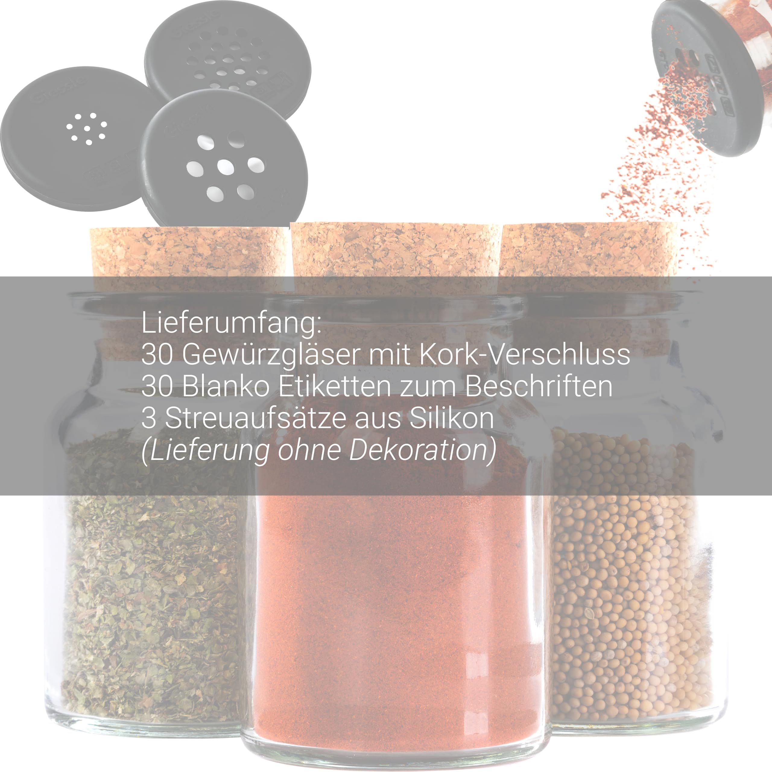 30x runde Gewürzgläser mit Korken - kleine Vorratsgläser Set | Gewürzdosen, Glasbehälter und Vorratsdosen - Korkenglas für Gewürze und Kräuter in der Küche