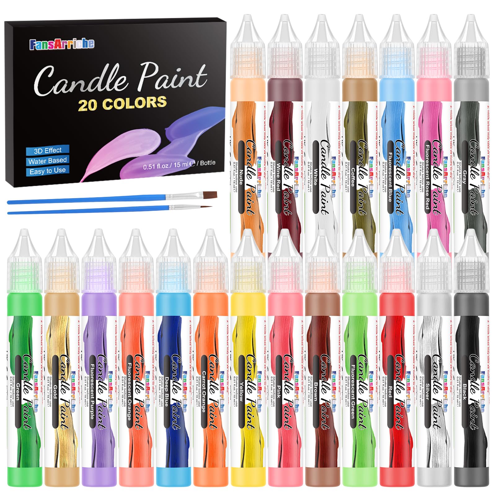 FansArriche Candle Paint, 20 x 15 ml Candle Wax Pen Set for Candle Making, Water-Based Candle Pen for Candle Painting and Decorating with Fine Painting Tip