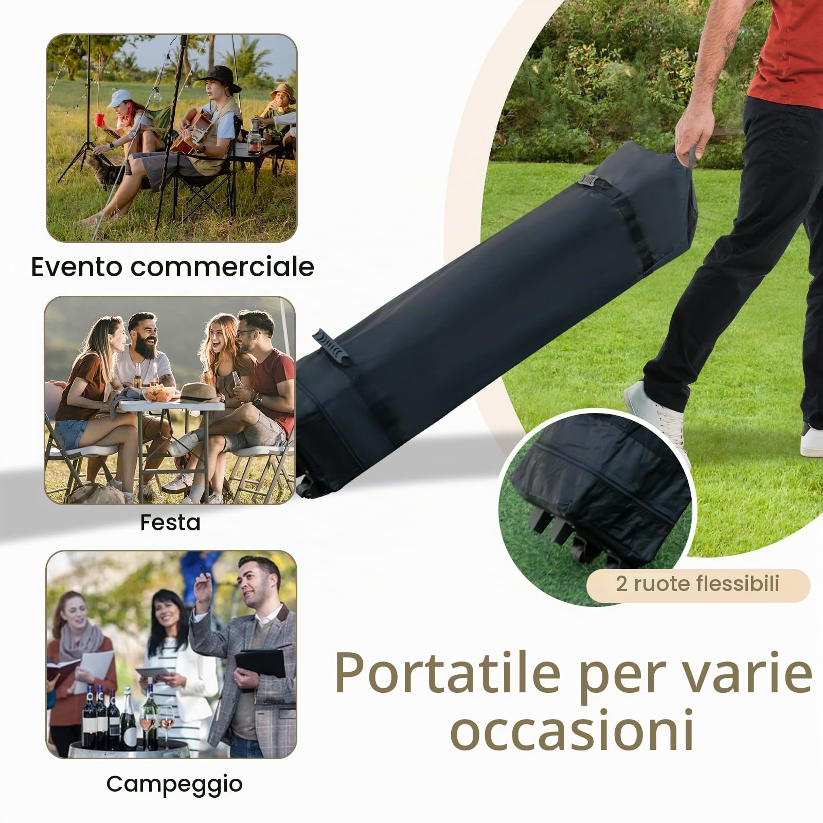 HOMASIS Gazebo Pieghevole con Tetto Doppio 3,6 x 3,6 m, Gazebo Esterno Resistente, Gazebo da Giardino in Altezza Regolabile con Cavi Anti-Vento/Sacchi di Sabbia/Borsa con Ruote, Cachi (Stile 1)