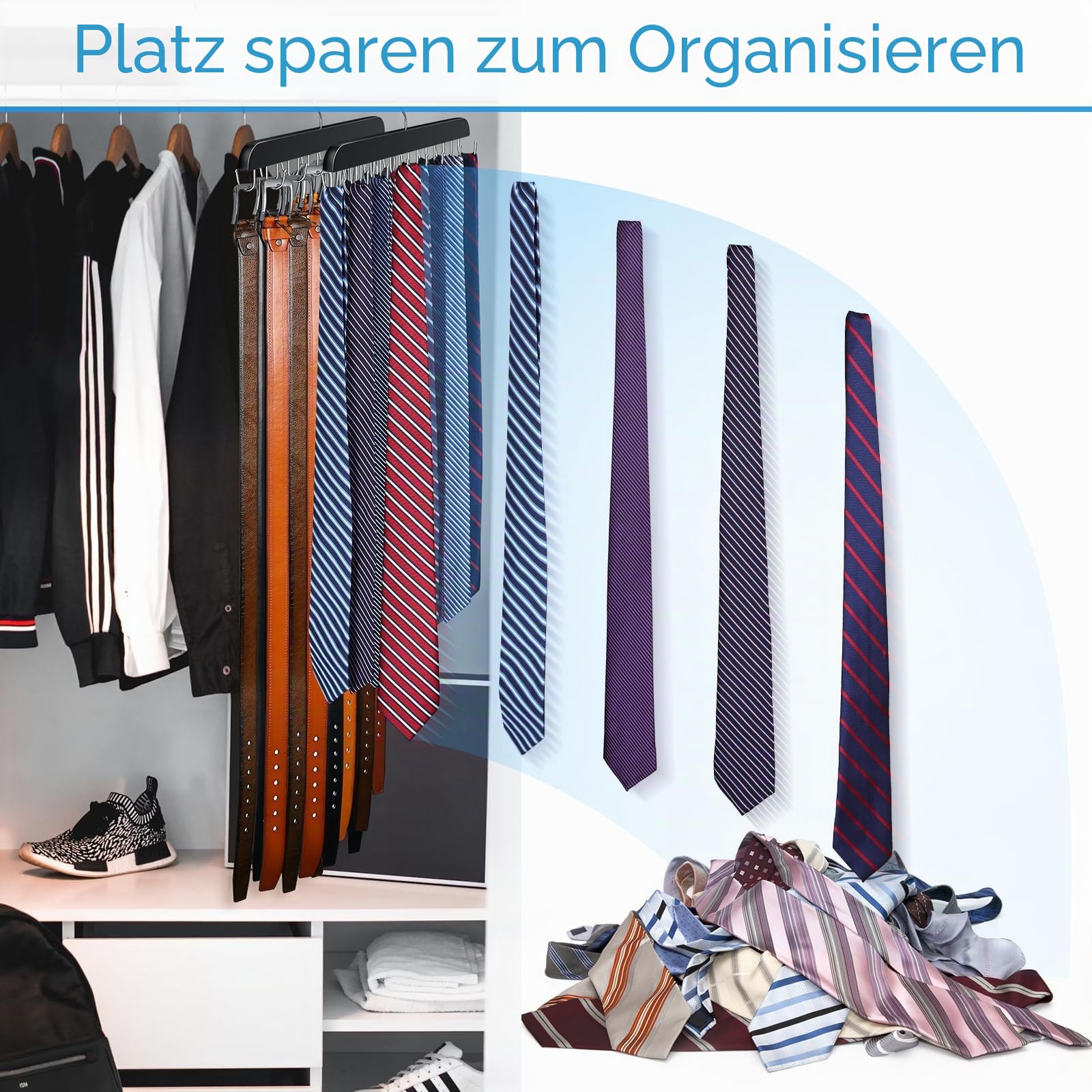 Resovo Gürtelaufhänger für Schrank, max. 42 Gürtel, Gürtel-Organizer, Schrankzubehör mit 14 Haken, Gürtelablage, stabiles Holz, für Schrank-Organizer und Aufbewahrung, 2 Stück, Schwarz