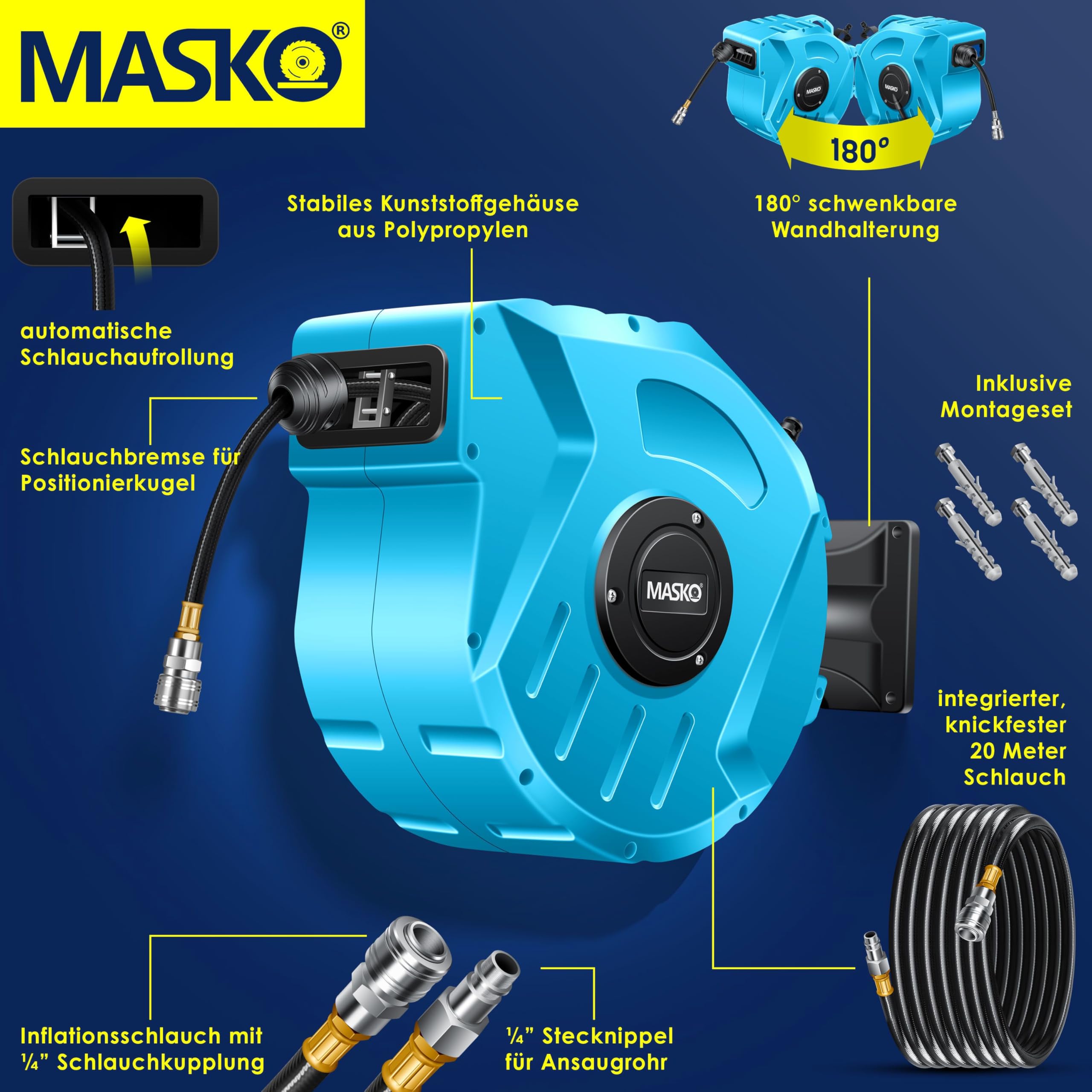 MASKO® Automatik Druckluftschlauch Aufroller 20m – Schlauchtrommel mit 1/4" Anschluss, Schlauchaufroller, Wandhalterung, Tragegriff, 180° schwenkbar, Schlauchbremse, vormontiert/sofort einsatzbereit