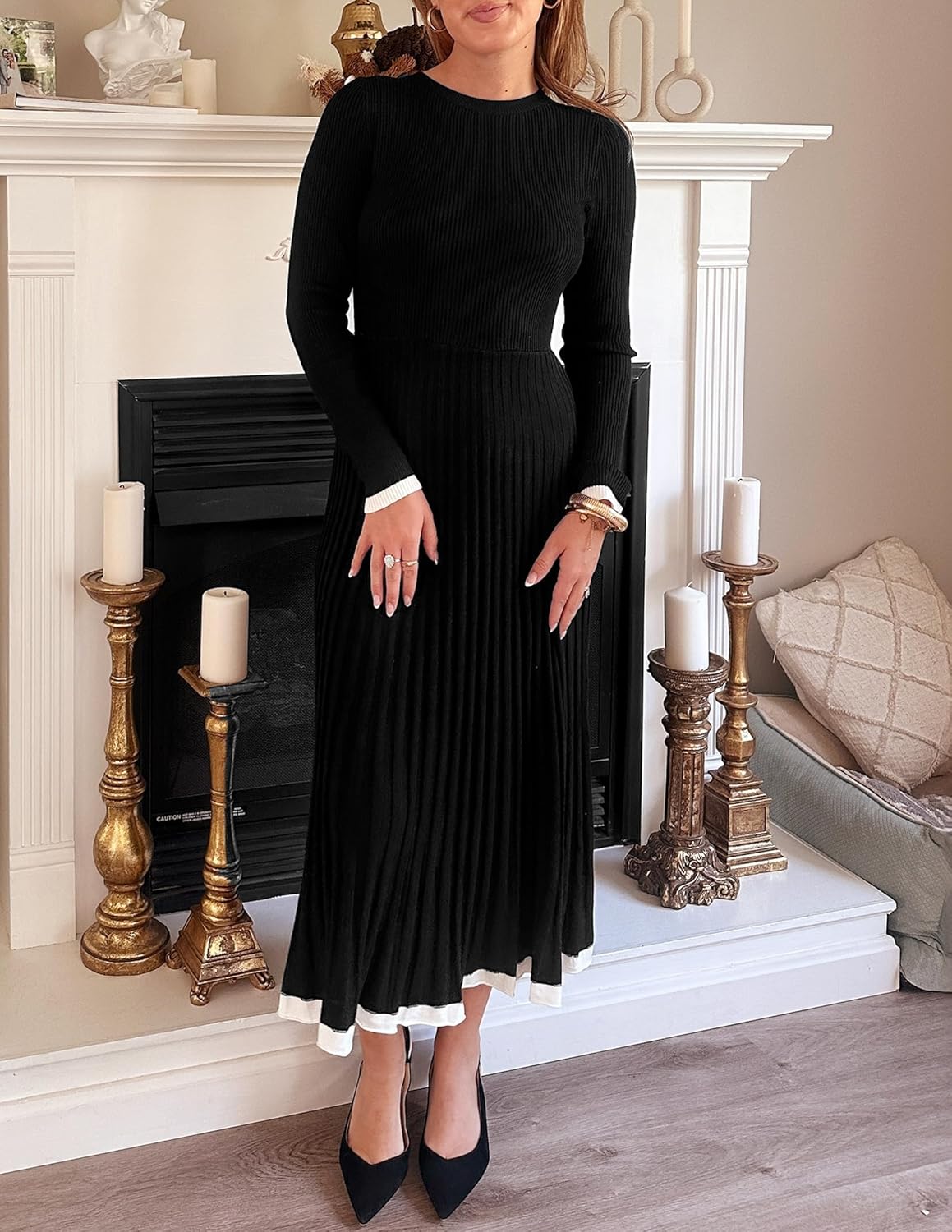ZESICA Women's Long Sleeve Sweater Dress Fall 2026 Crewneck Ribbed Knit Pleated A-Line Maxi Wedding Guest Dresses - Image 2
