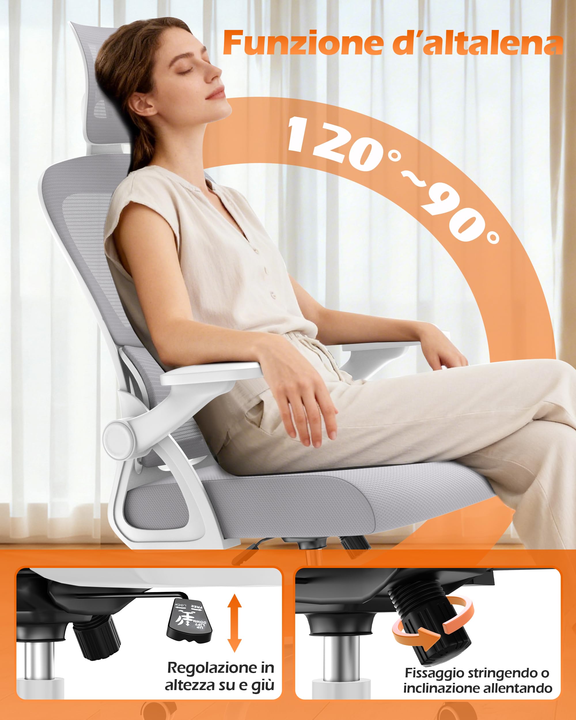 naspaluro Sedia da Ufficio Ergonomica, Sedia da Scrivania Ergonomica, Sedia Girevole per Ufficio, Schienale in Rete, 136 kg, Supporto Lombare Regolabile, Ruote Silenziose per Casa e Lavoro