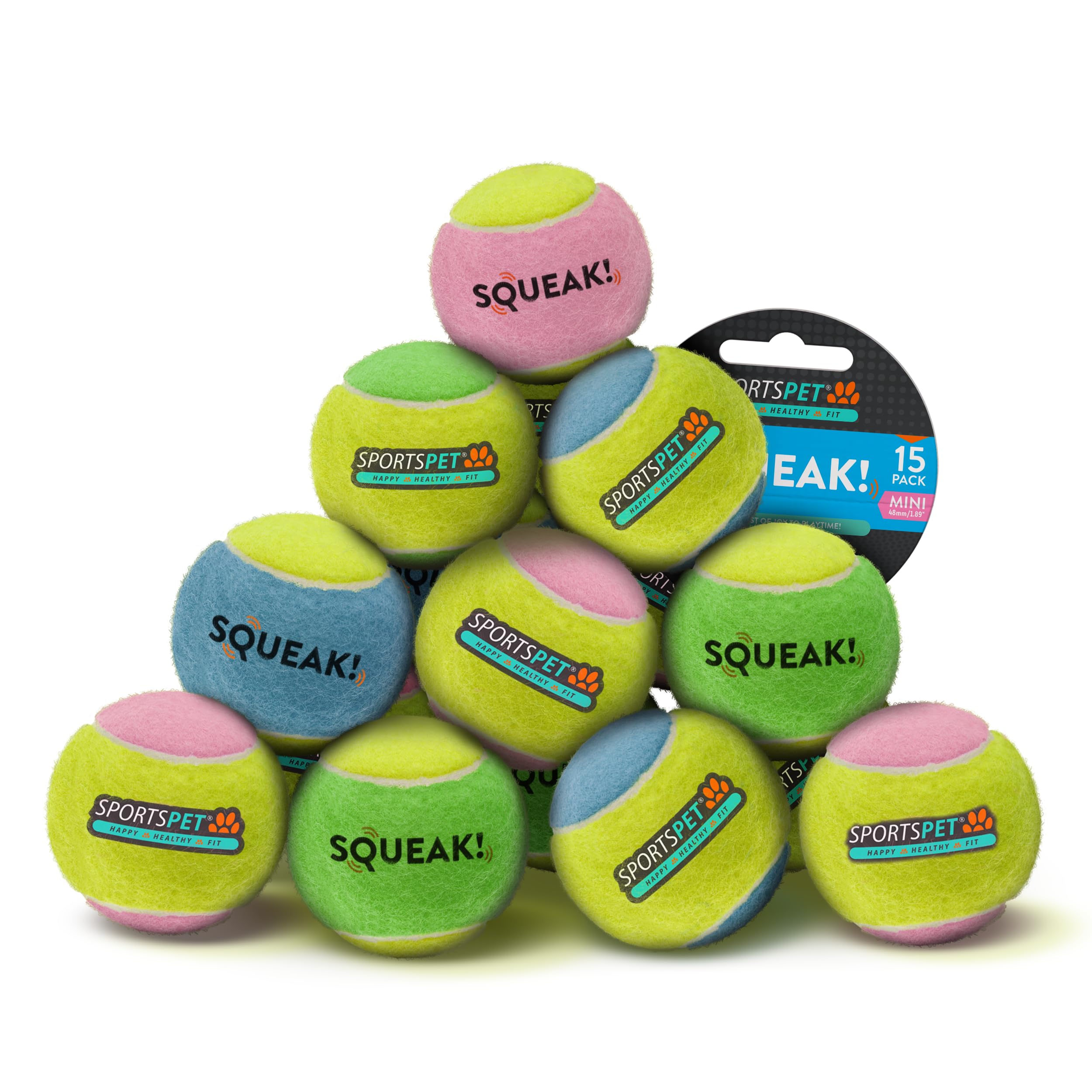 SPORTSPET Mini Squeak Tennis Balls for Dogs (PACK OF 15) Squeaky dog balls small Dog & Puppy Toys Extra Bouncy, Non-Toxic, Durable, Floating Dog Balls with Squeaker