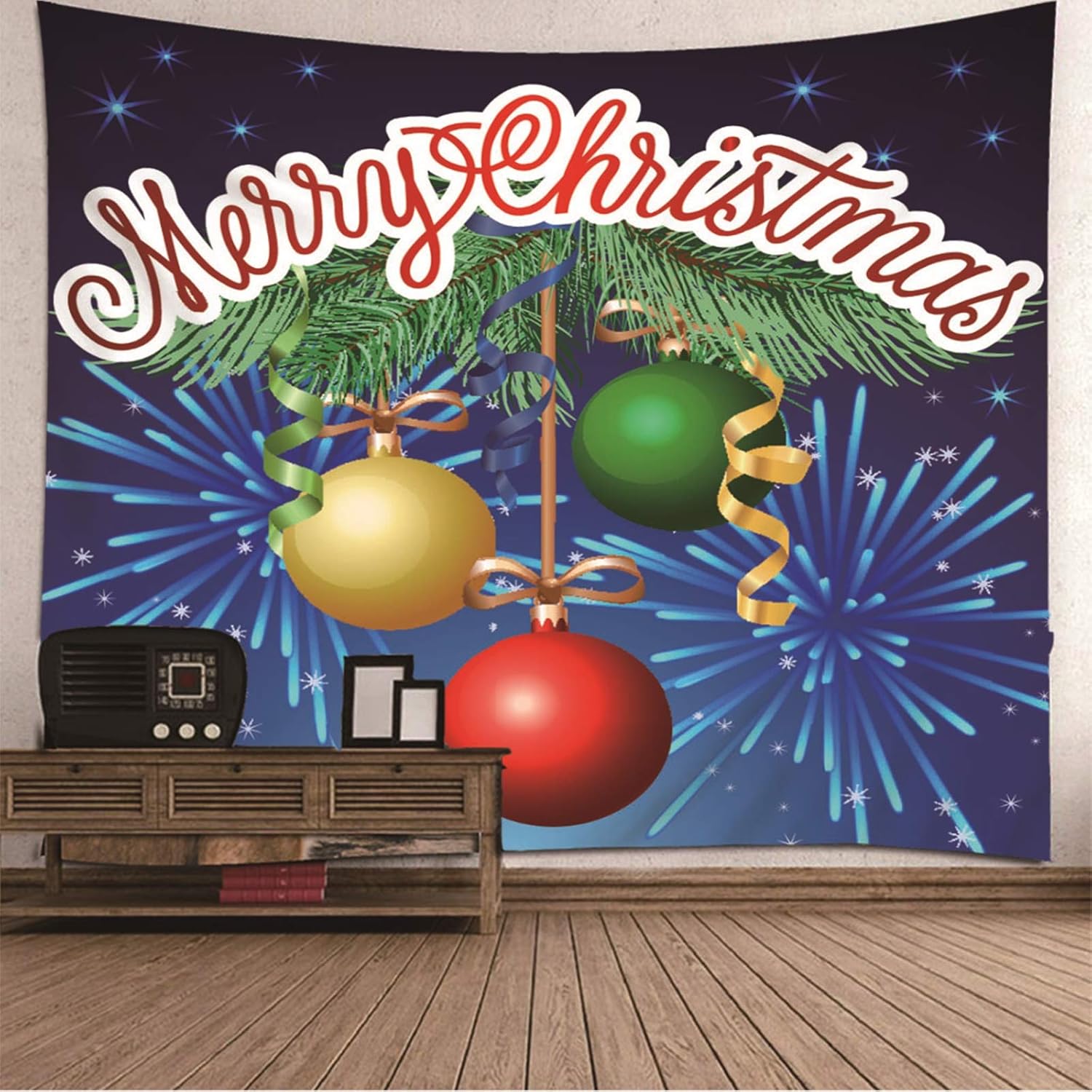 Beydodo Tapiz Vintage,Fuegos Artificiales Copo de Nieve Bolas de Navidad Merry Christmas Azul Oscuro Verde Rojo Tapiz de Pared Poliester Tapiz para Colgar en la Pared 150x130CM