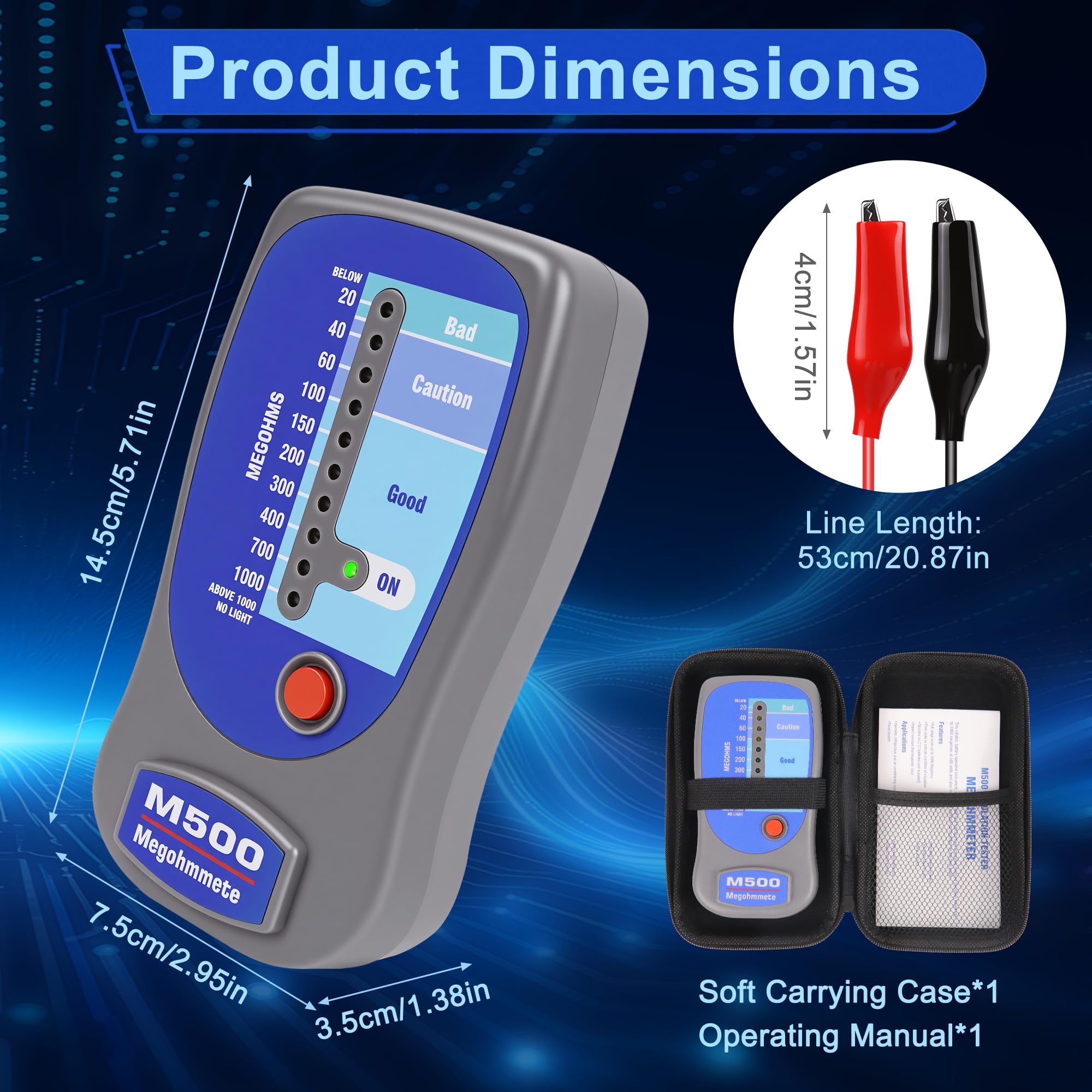 Insulation Tester Megohmmeter, 1000 Megohms at 500V, Compatible with Supco M500, Professional HVAC Tool for Compressor & Motor Windings, LED Zone Scale Indicator, Impact Resistant with Soft Case — Amazon image 2