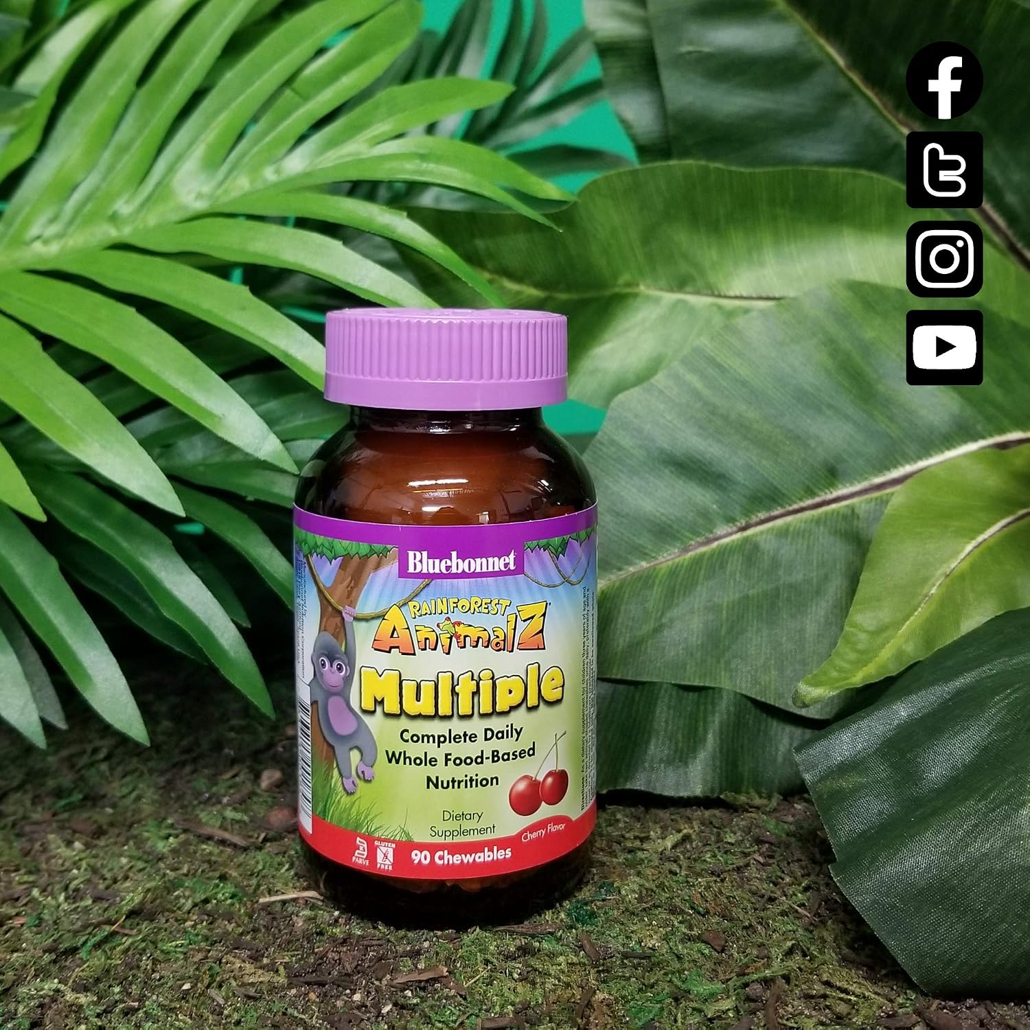 Bluebonnet RainForest Animalz Multiple Complete Daily WholeFood Based Supplement Blend Multivitamin & Essential Minerals for Immune Health & Nutrient Support - Gluten-Free - 90 Cherry Chewable Tablets