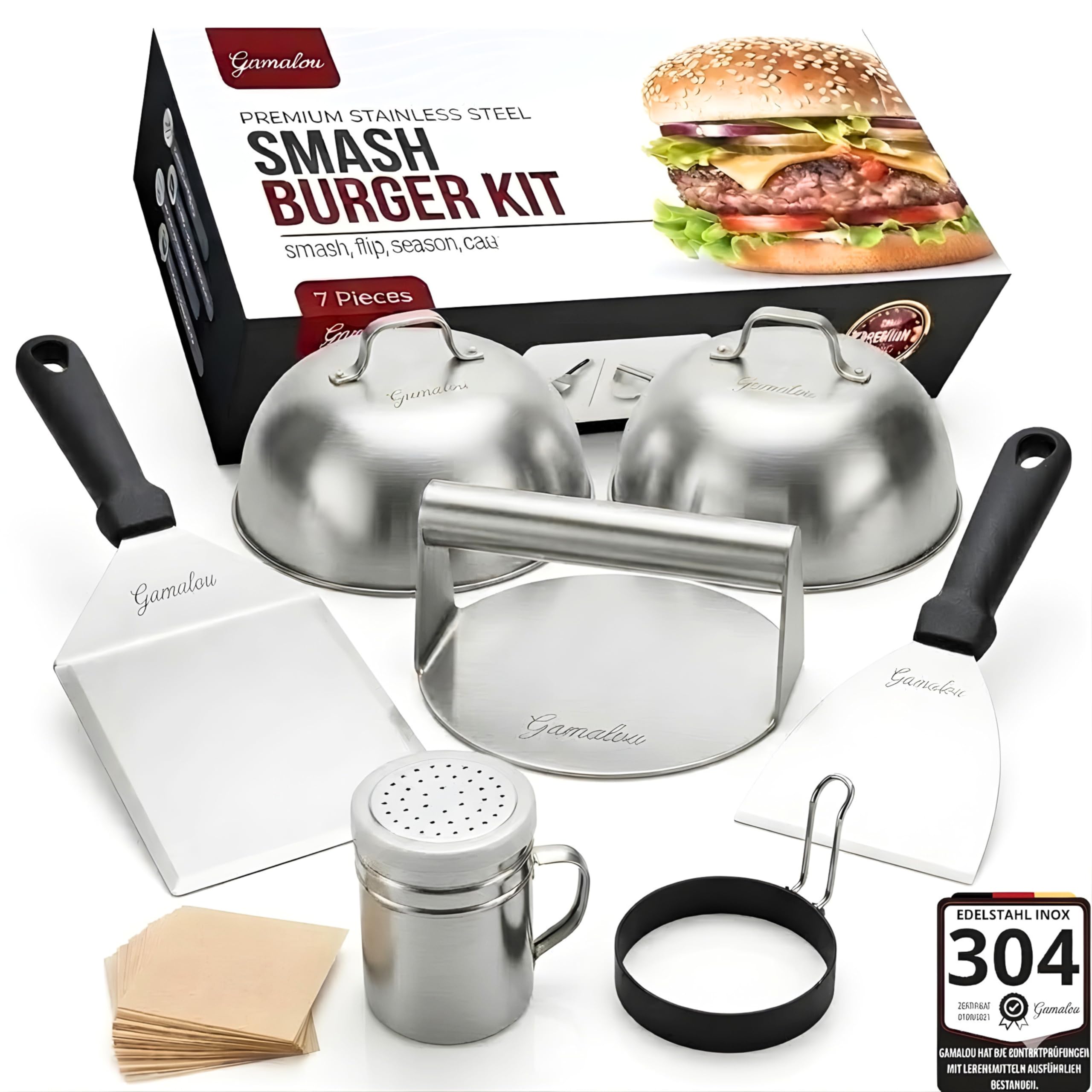 Edelstahl Smash Burgerpresse Set: Burger Smasher mit Grillspachtel 13 cm, Schaber 10 cm, 2 Burgerglocken, Gewürzstreuer & Eierringe für Grill, Grillplatte und Pfanne - EU-zertifiziert