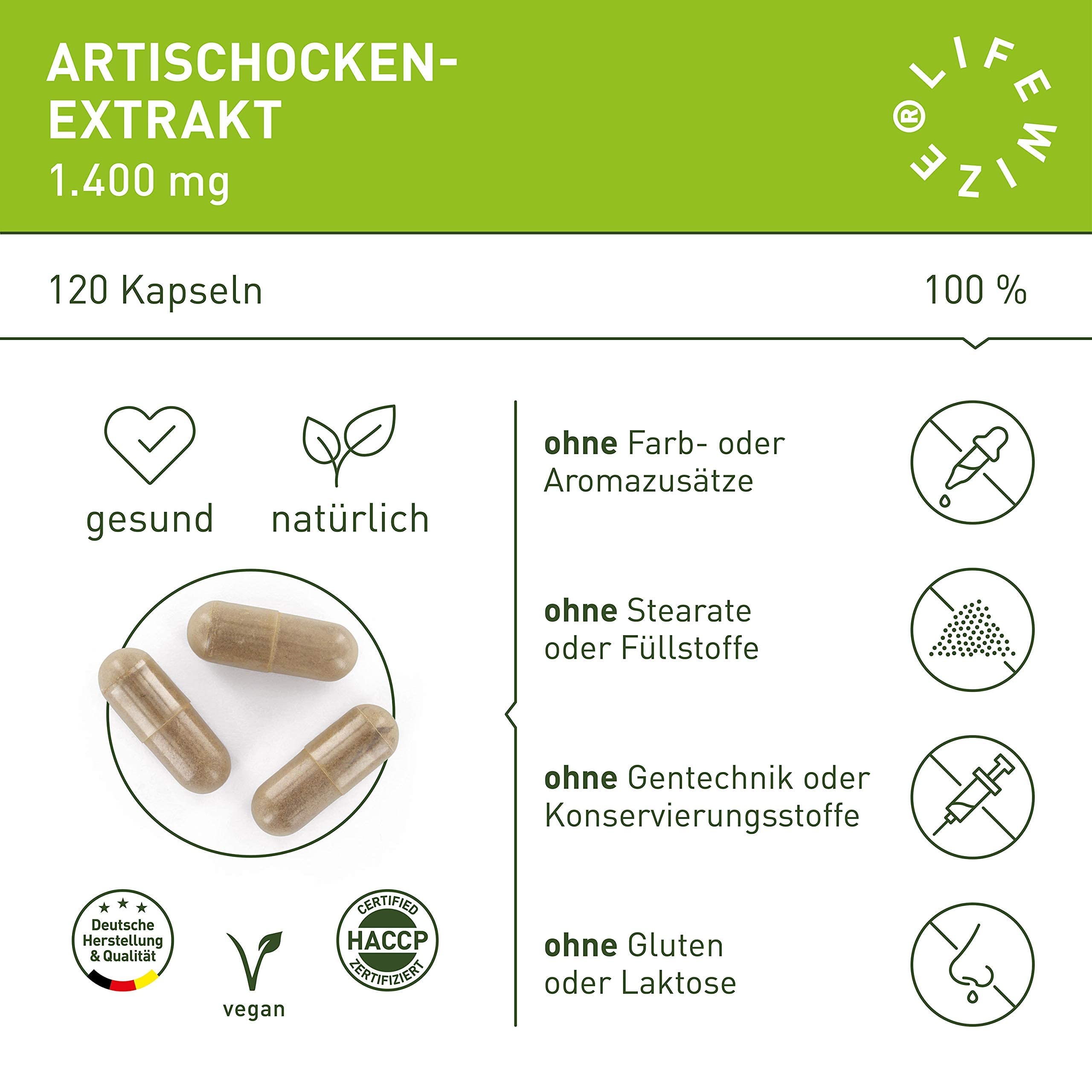 LifeWize® Artischocken Kapseln Hochdosiert mit 1400mg als 5:1 Extrakt = 7.000mg Artischocke pro Tagesdosis mit 2.5% Cynarin - 120 Vegane Kapseln ohne Zusatzstoffe