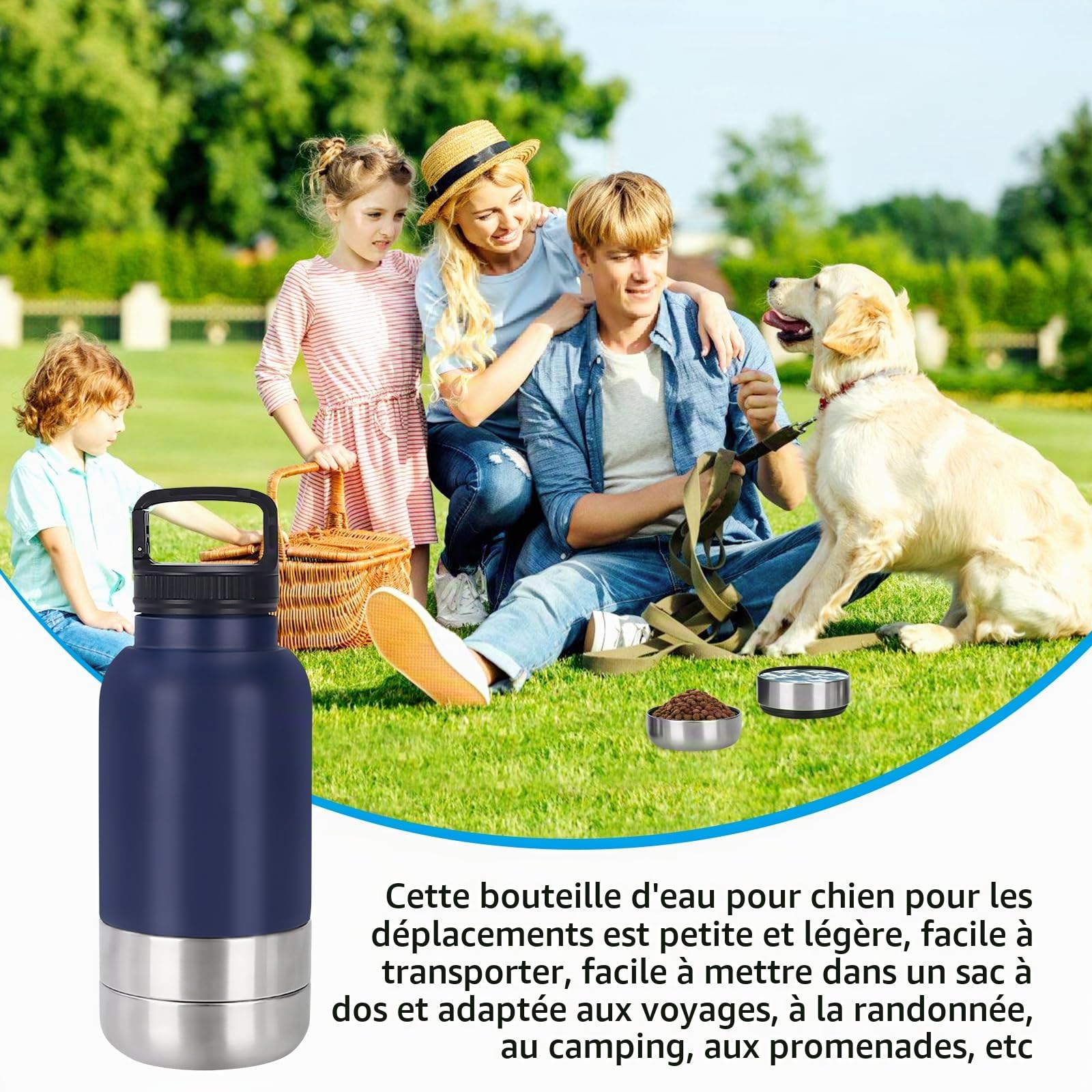 Gourde pour chien - Pour les déplacements - 1000 ml - Bouteille d'eau pour chien - En acier inoxydable - Avec gamelle d'eau et gamelle - Accessoire pour chien pour promenade - Sans BPA