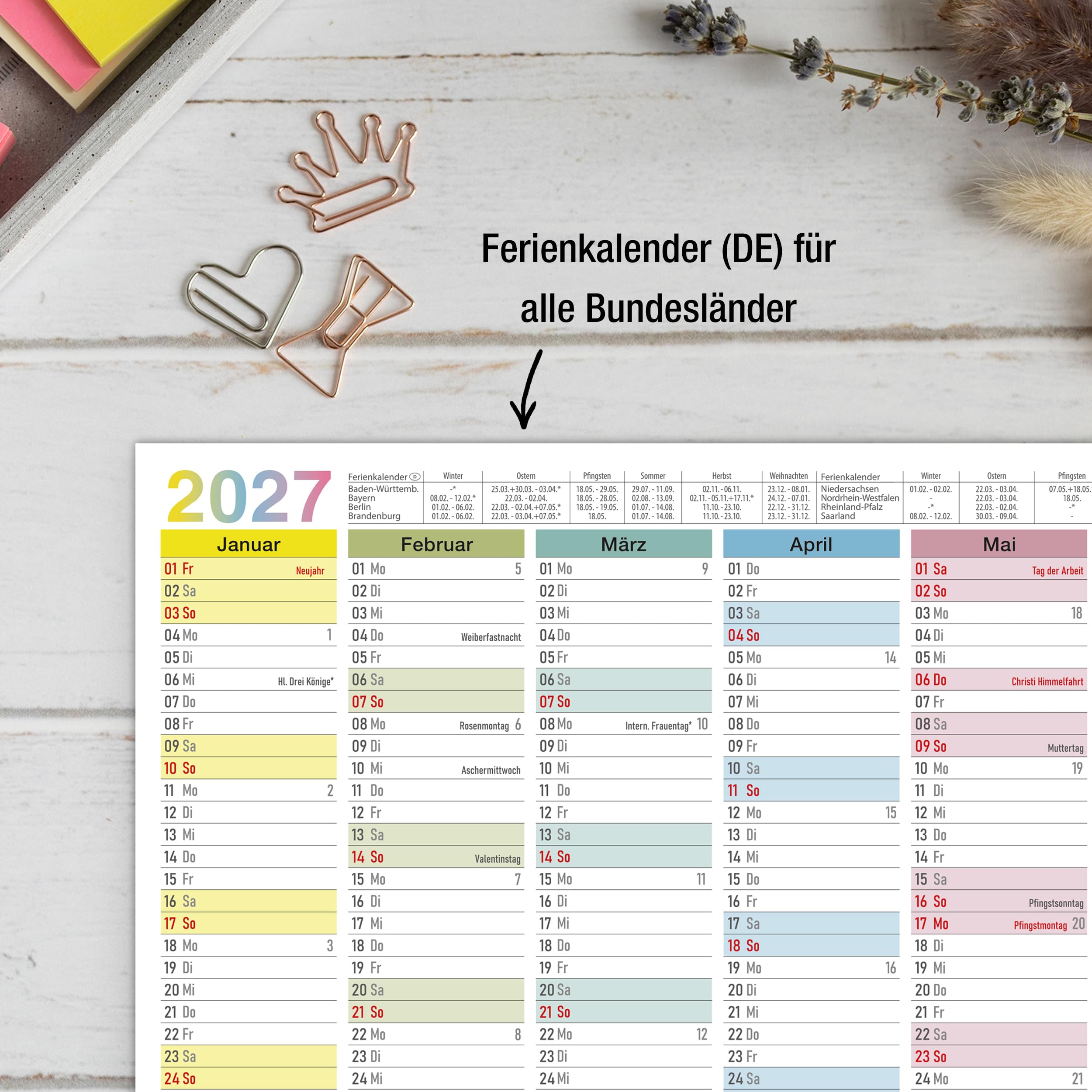 TOBJA Zmywalny kalendarz ścienny 2026, A4 - "kolorowy" planer roczny 2026, zmywalny, w zestawie długopis. Kalendarz tablicowy 2026, wytrzymały kalendarz A4 (zmywalny + 1 długopis)