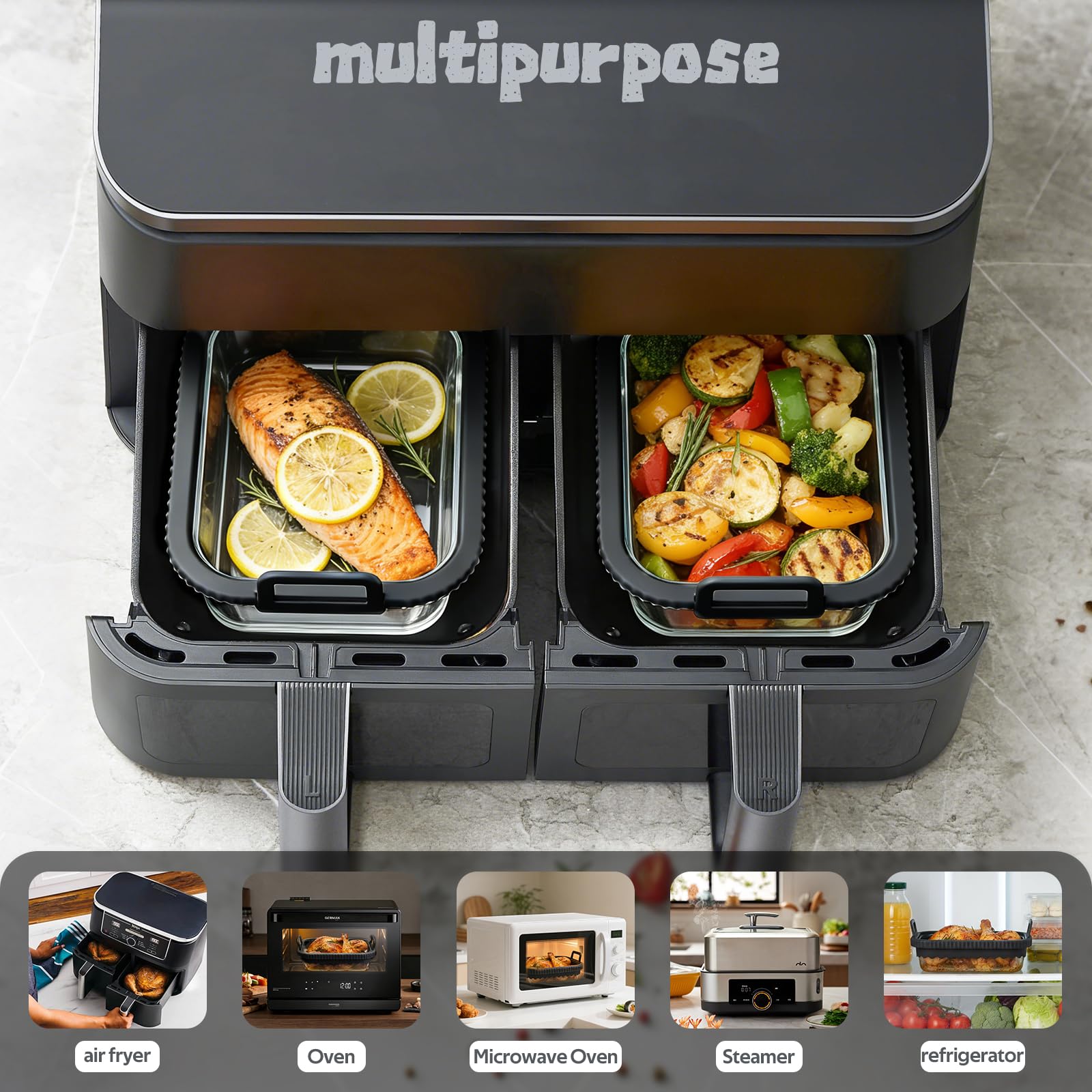 Lot de 2 Plat en Verre Pour Air Fryer Avec Poignées en Silicone pour Ninja Cosori Philips,Récipient en Verre Airfryer Résistant à la Chaleur et Aux Rayures,Passe au Lave Vaisselle Plat Verre Air Fryer - 5