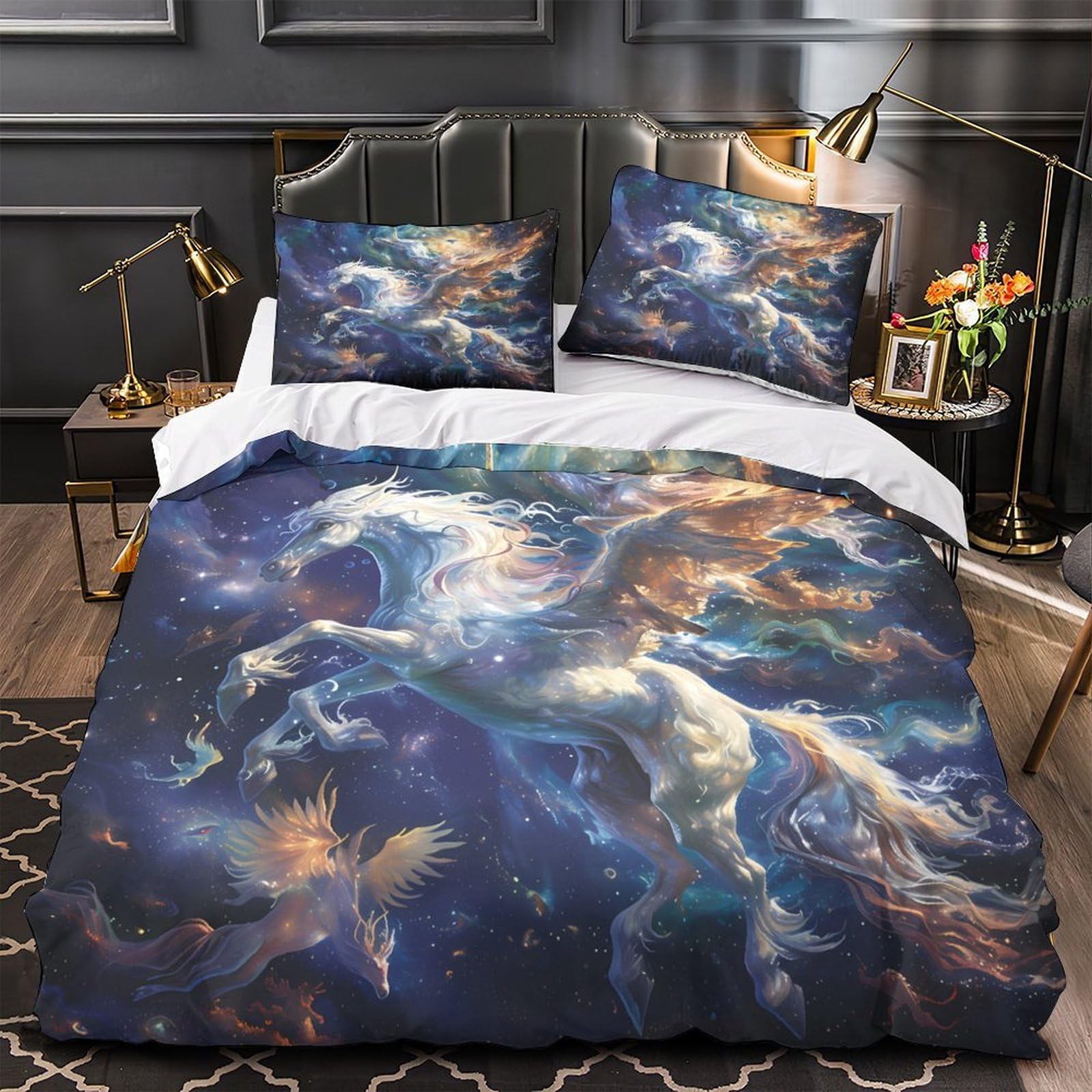 MMDASBVPE Mythical Unicorn Duvet Cover 3D Design Printed Wrinkle-Resistant 3 Pieces Bedding Set Zipper Quilt Cover Super Soft Breathable for Teens Kids Girls Boys Women Adults Super king（260x220cm）