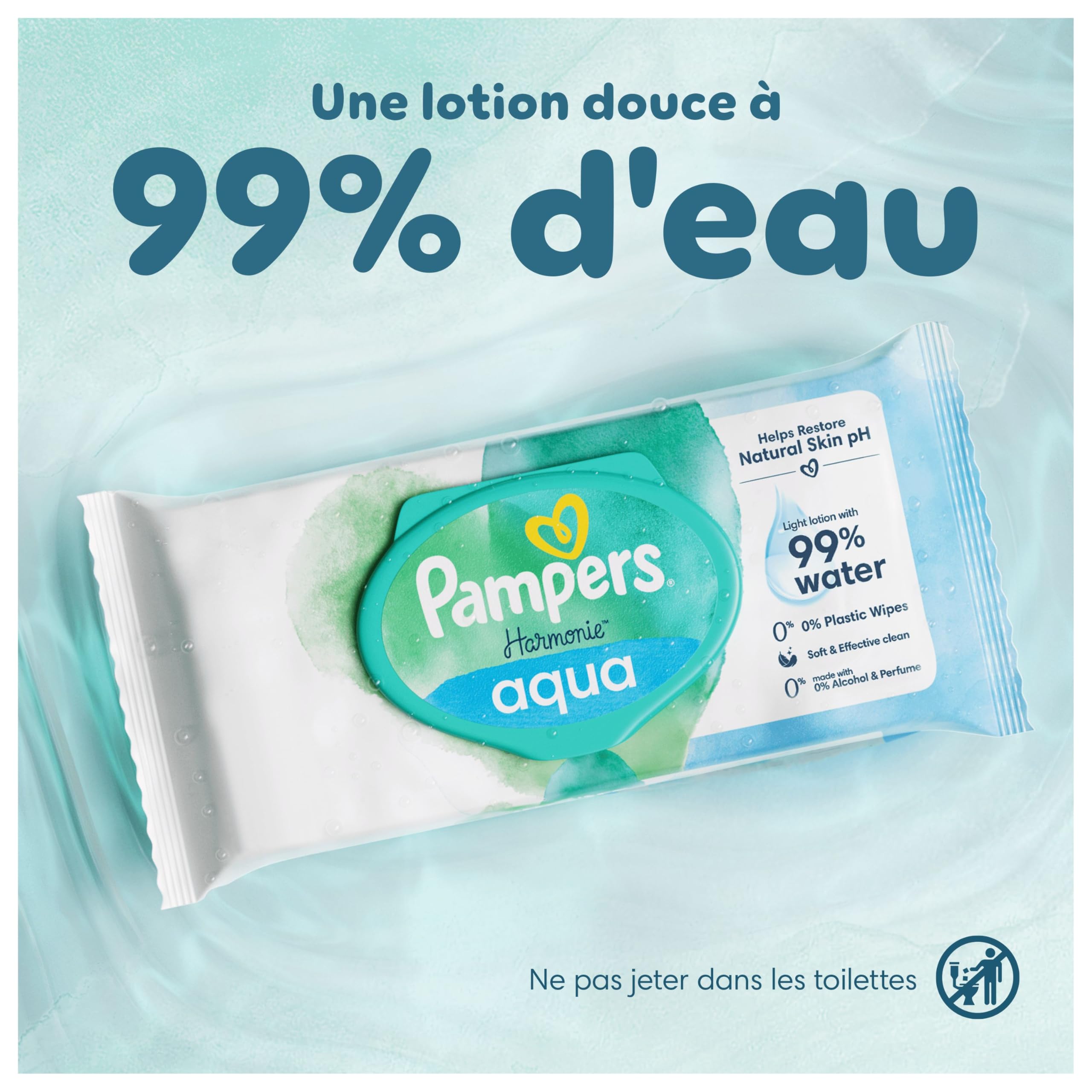 Pampers Harmonie Aqua, 720 Lingettes pour Bébé (15x48), Sans Platisque, Certifié OEKO-TEX, Protection De La Peau Délicate Avec 99% D’Eau, Aide à restaurer le pH naturel de la peau