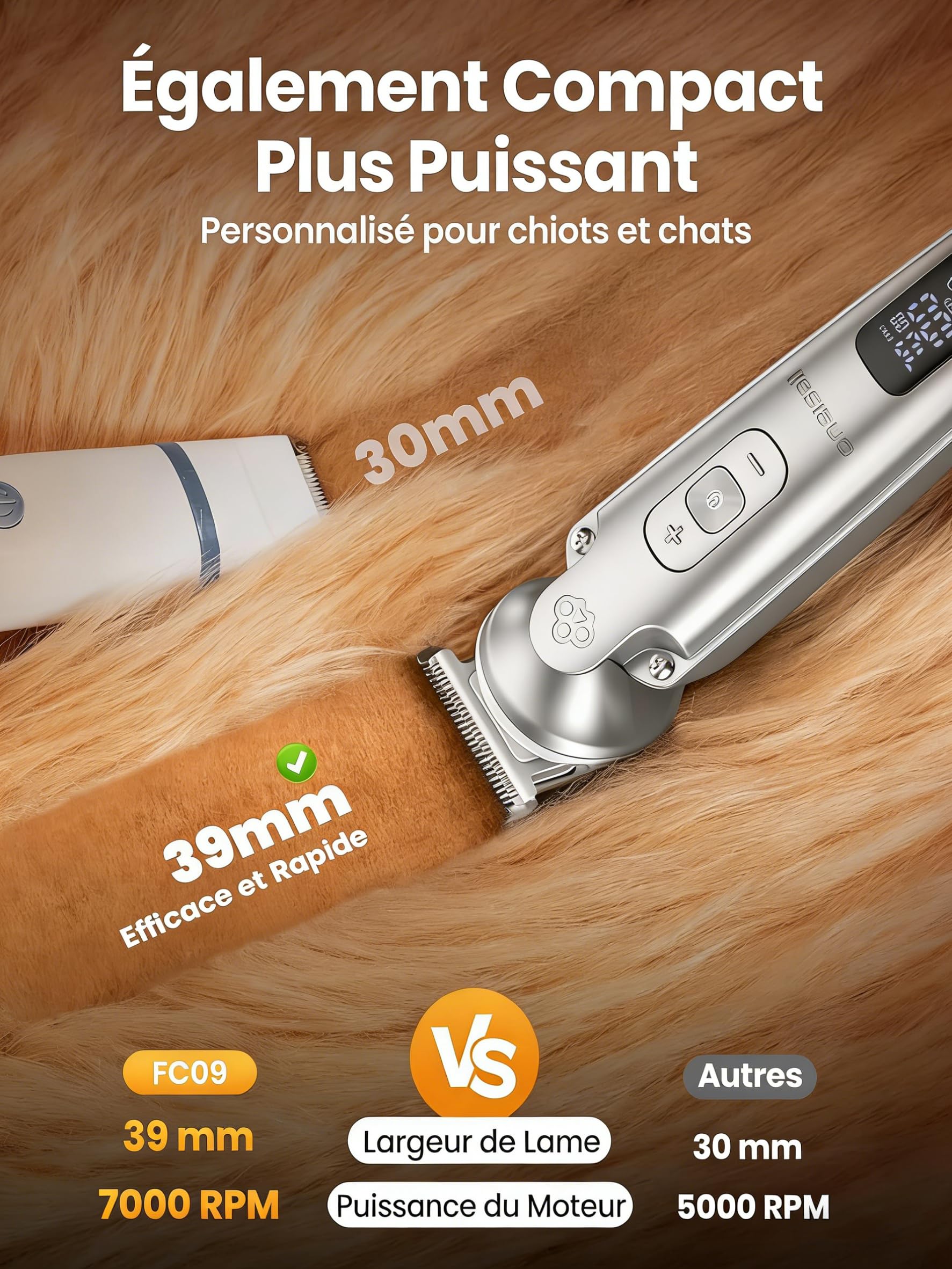 oneisall 4-en-1 Tondeuse pour Chien Chat Professionnelle Sans Fil pour Animaux, Tondeuse à Poil Long Epais avec Affichage, Toilettage Rechargeable 2000mAh, Rasoir pour Chien et Pattes (Argenté)