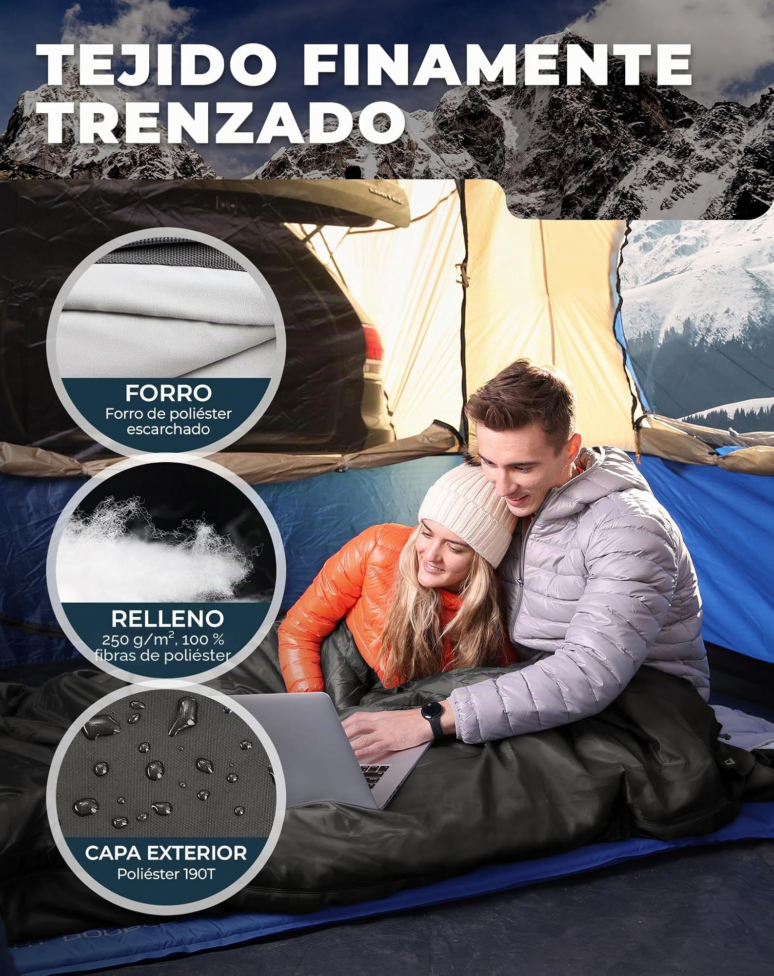 KingCamp Saco de Dormir Doble con Almohadas,220 × 150 cm para 3-4 Estaciones,Gran Saco de Dormir cálido Impermeable,para Adulto Acampar Festivales Caravaning Viaje,en Interiores o Exteriores