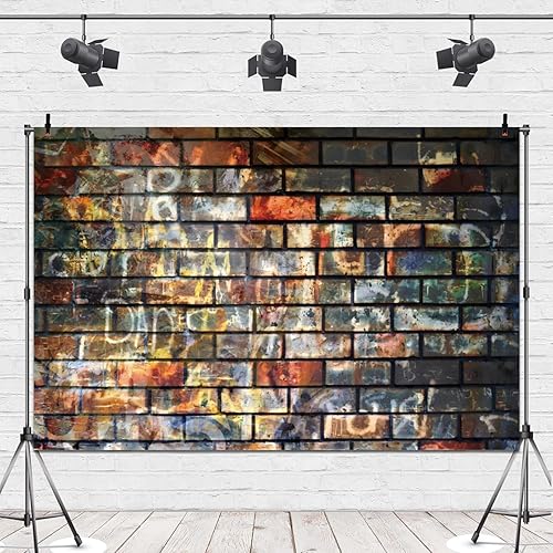 Miniatura 5 de Leowefowa Fondo de pared de ladrillo de graffiti retro para fotos, 10 x 8 pies, vinilo de regreso a los años 80, 90, hippie, hip hop, arte