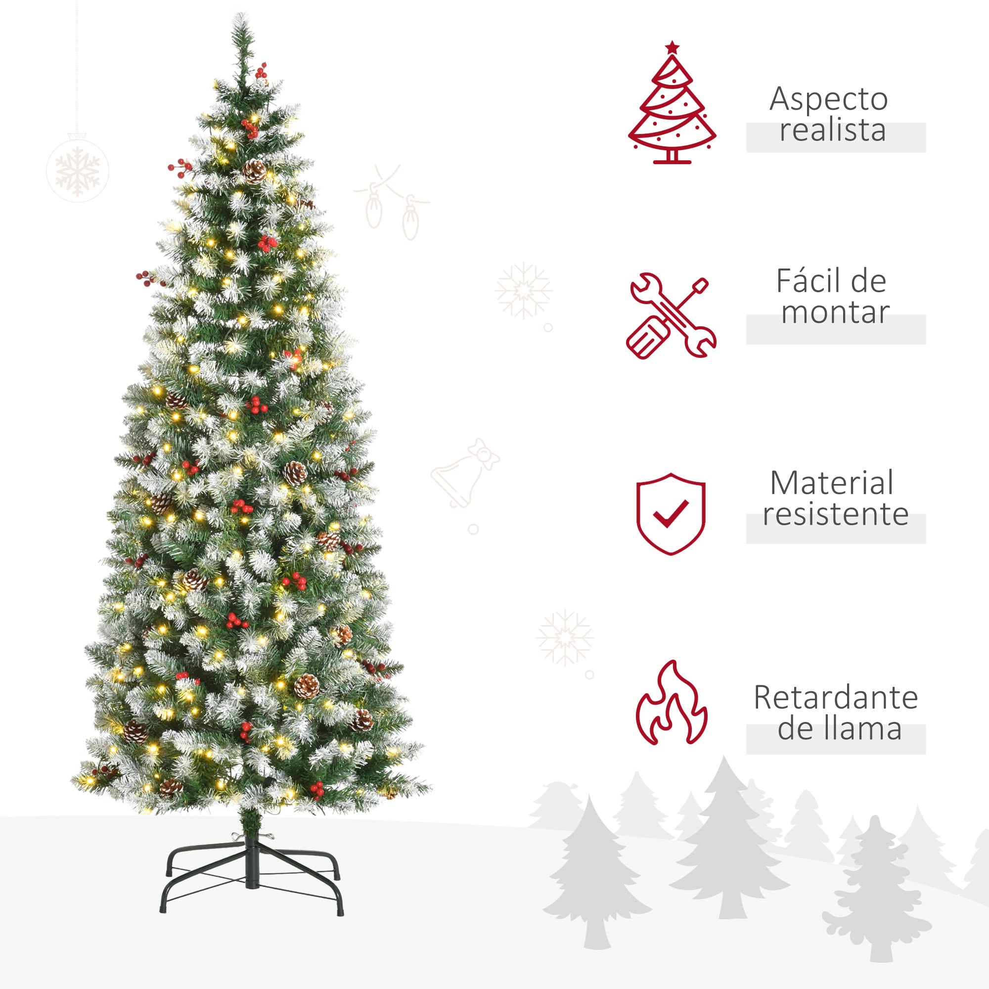 HOMCOM Árbol de Navidad Nevado Artificial 180 cm con 300 Luces LED Verde | Árbol de Navidad, Blanco Cálido, 618 Ramas Ignífugas de Plástico, Decoraciones Incluidas, Base Plegable, Ø65x180 cm