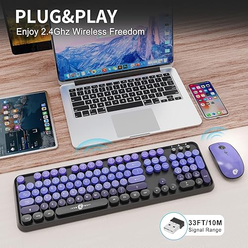 Miniatura 5 de Combo de teclado y mouse inalámbricos, 104 teclas redondas, lindo teclado y mouse coloridos con máquina de escribir retro para PC, Mac, laptop,