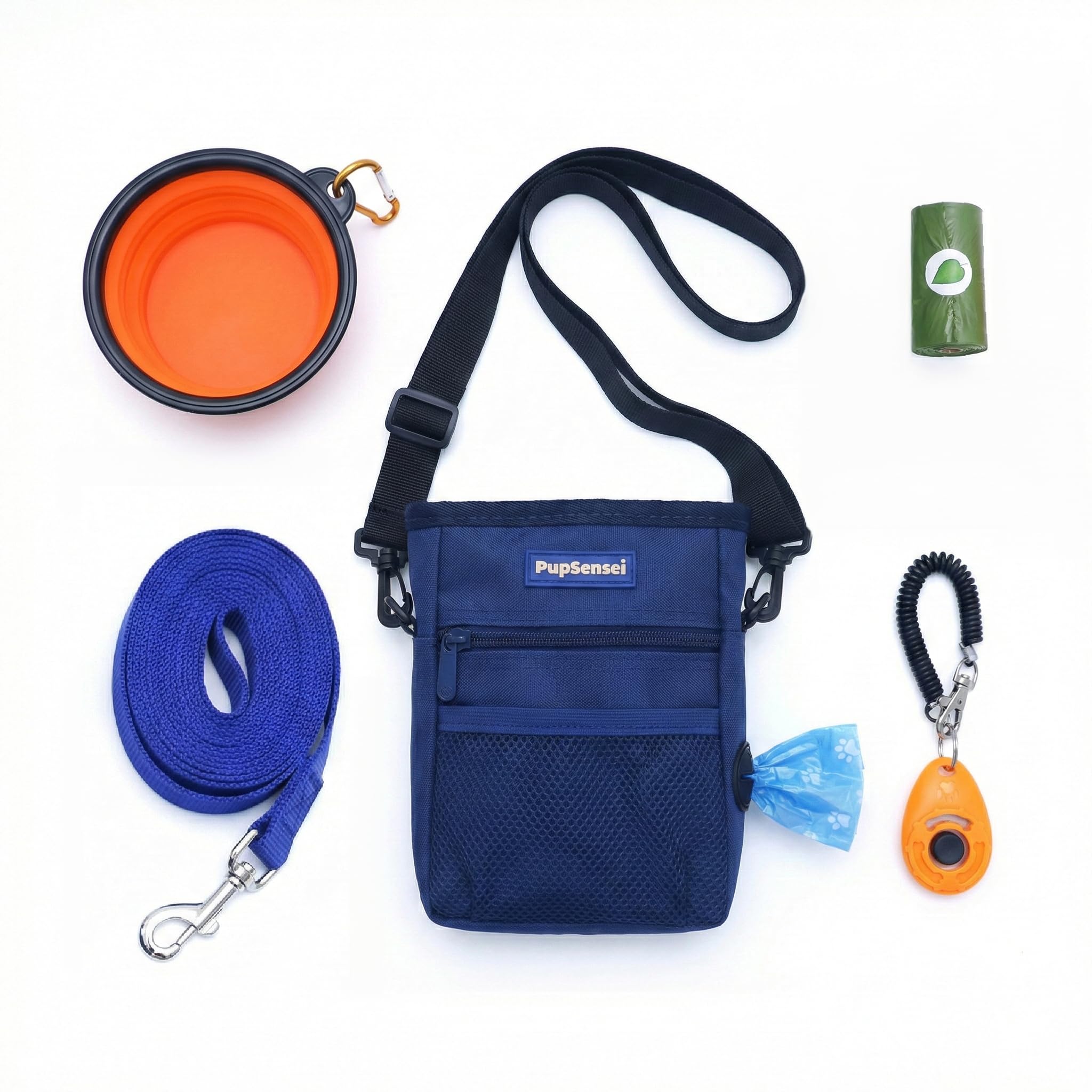 PupSensei Dog Training Kit & Puppy Starter Set with 30ft Long Leash โ Complete Recall System w/Magnetic Treat Pouch, Clicker, Collapsible Bowl & Waste Bags โ Professional Tools (Navy Blue)
