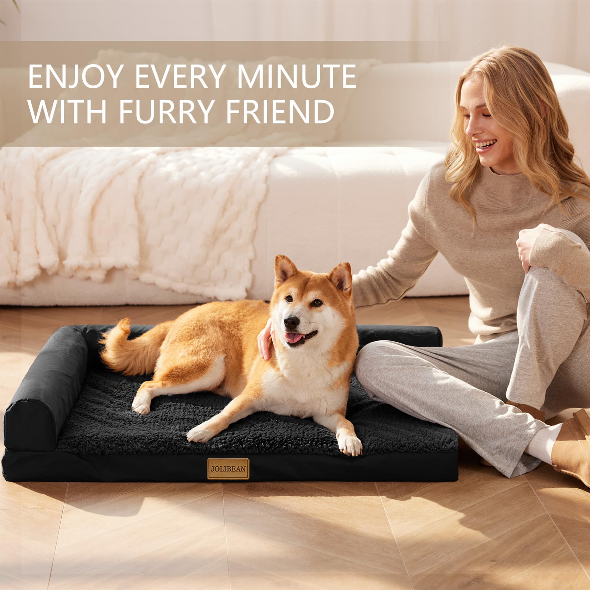 Panier Grande Taille Chien Orthopédique, Lit Matelas Chien en Forme L, Coussin Déhoussable Lavable en Machine, Tapis Matelas Moelleux, houssable Imperméable, Base antidérapante, 91x61cm, Noir