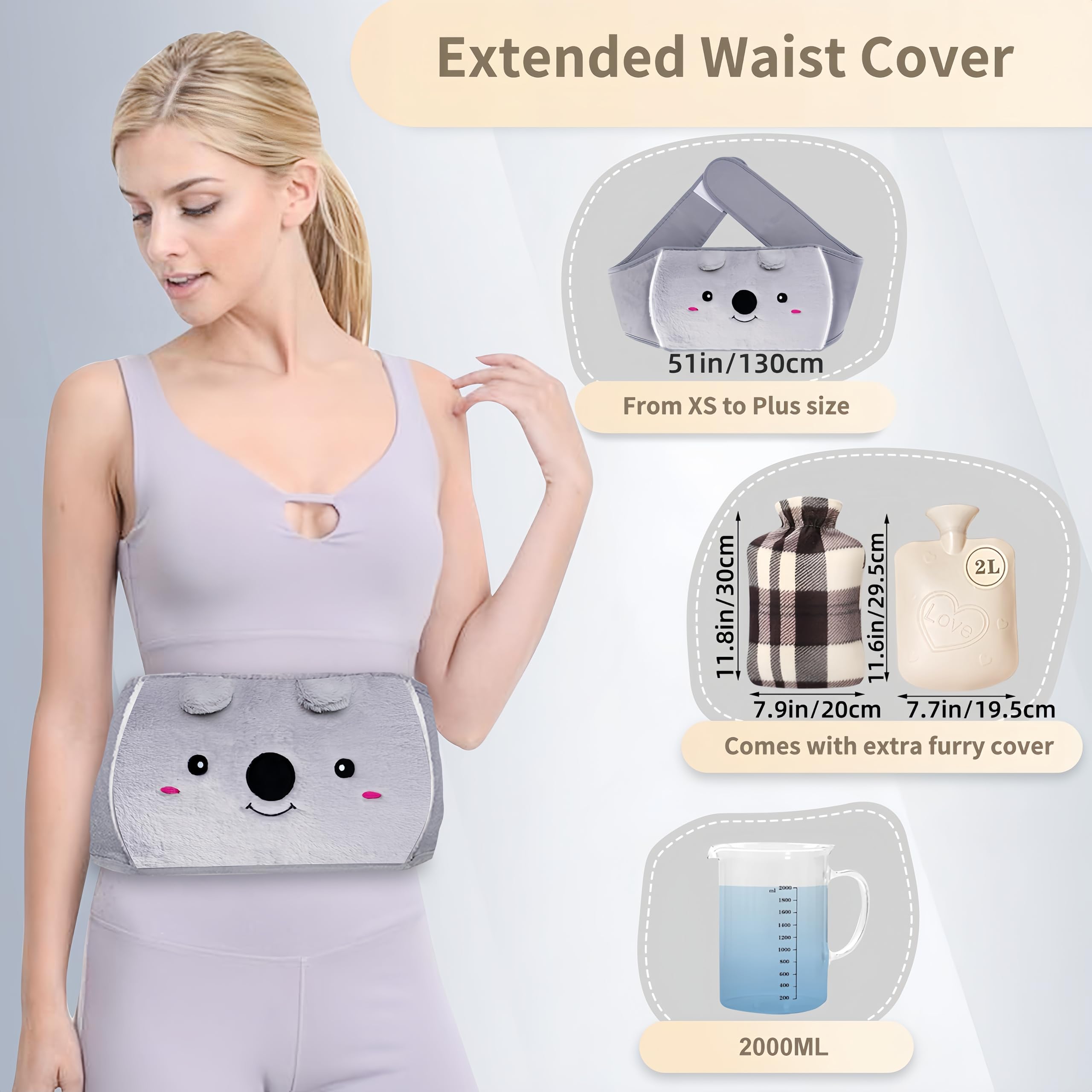 Bolsa de agua caliente, bolsa de agua caliente de goma con cubierta suave para la cintura para cuello y hombros, espalda, manos, piernas, cintura cálida (2 L)