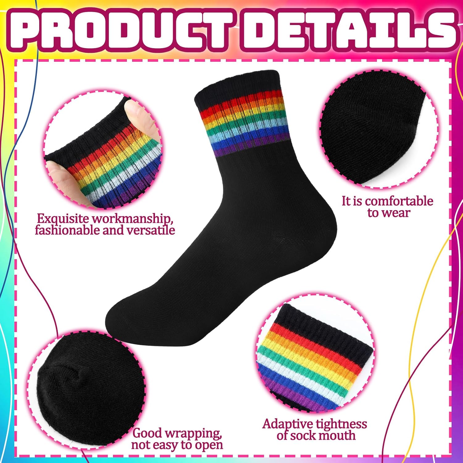 6 Pairs Striped Socks Adult Crew Cotton Rainbow Stripe Athletic Casual Socks for Women and Men Multicolored Unisex Matching - Image 5