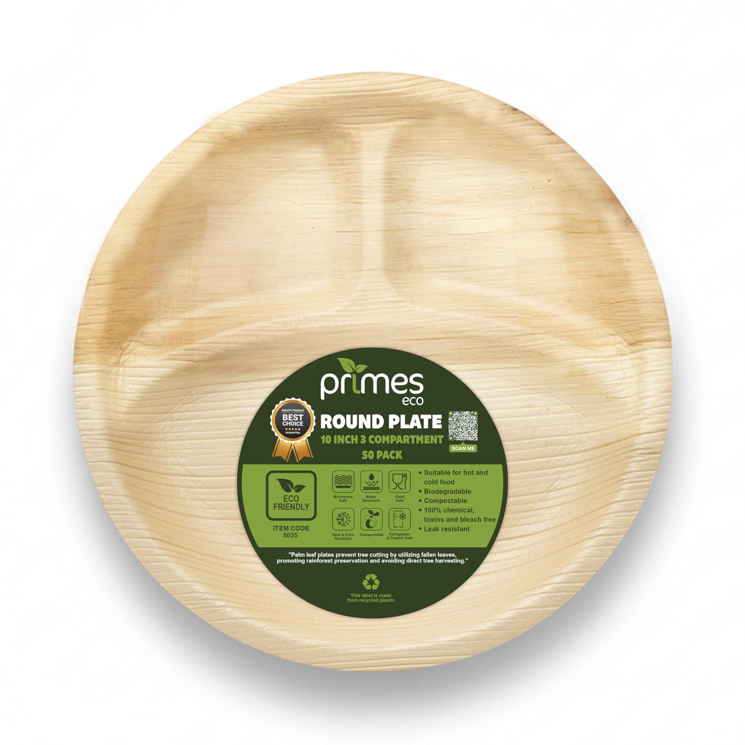 PRIMES ECO 10" Round 3-Compartment Palm Leaf Bamboo Disposable Plates | Eco Friendly, Heavy Duty | Biodegradable Party Tableware for BBQ, Catering, Wedding & Picnic