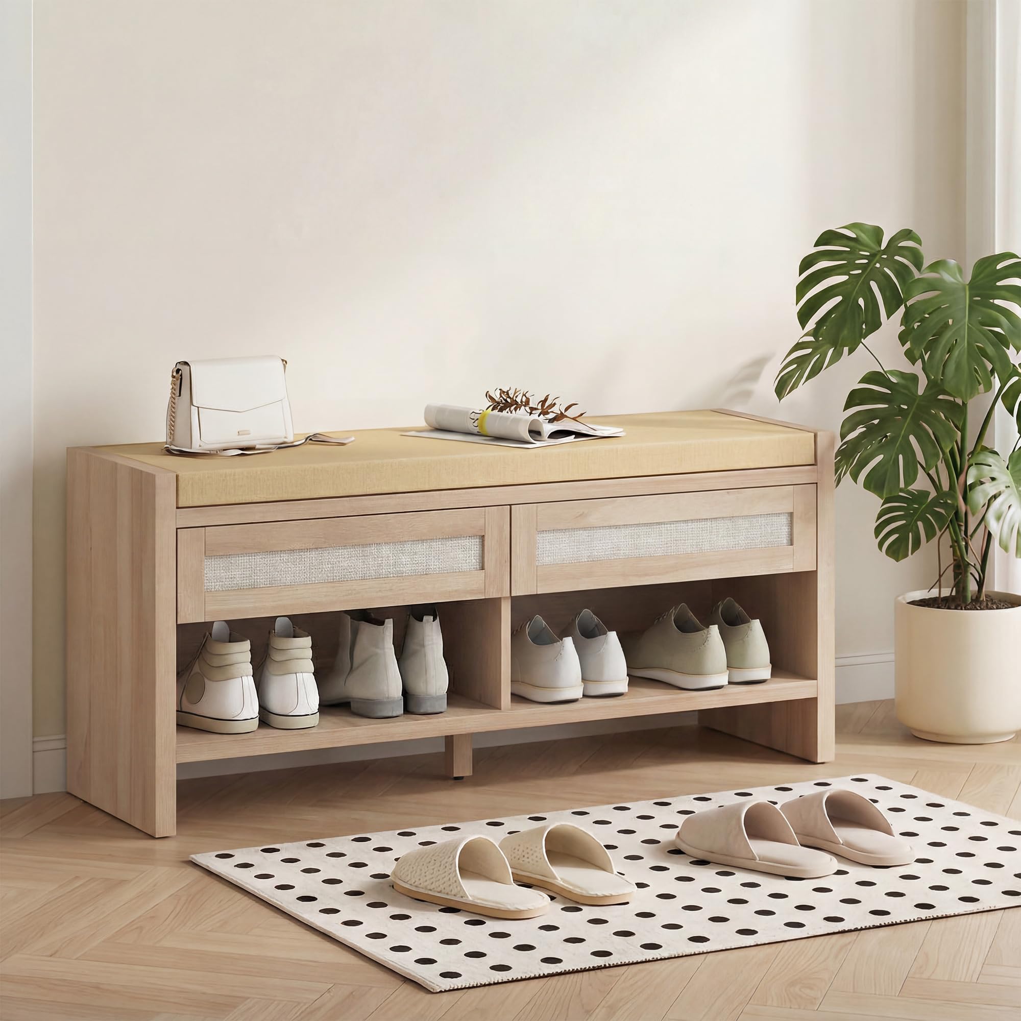 HOMCOM Banco Zapatos 2 cajones ratán 105x35x50cm Efecto Roble | Banco de almacenamiento boho, asiento acolchado aspecto lino, estante abierto, entrada, pasillo, sala de estar, dormitorio