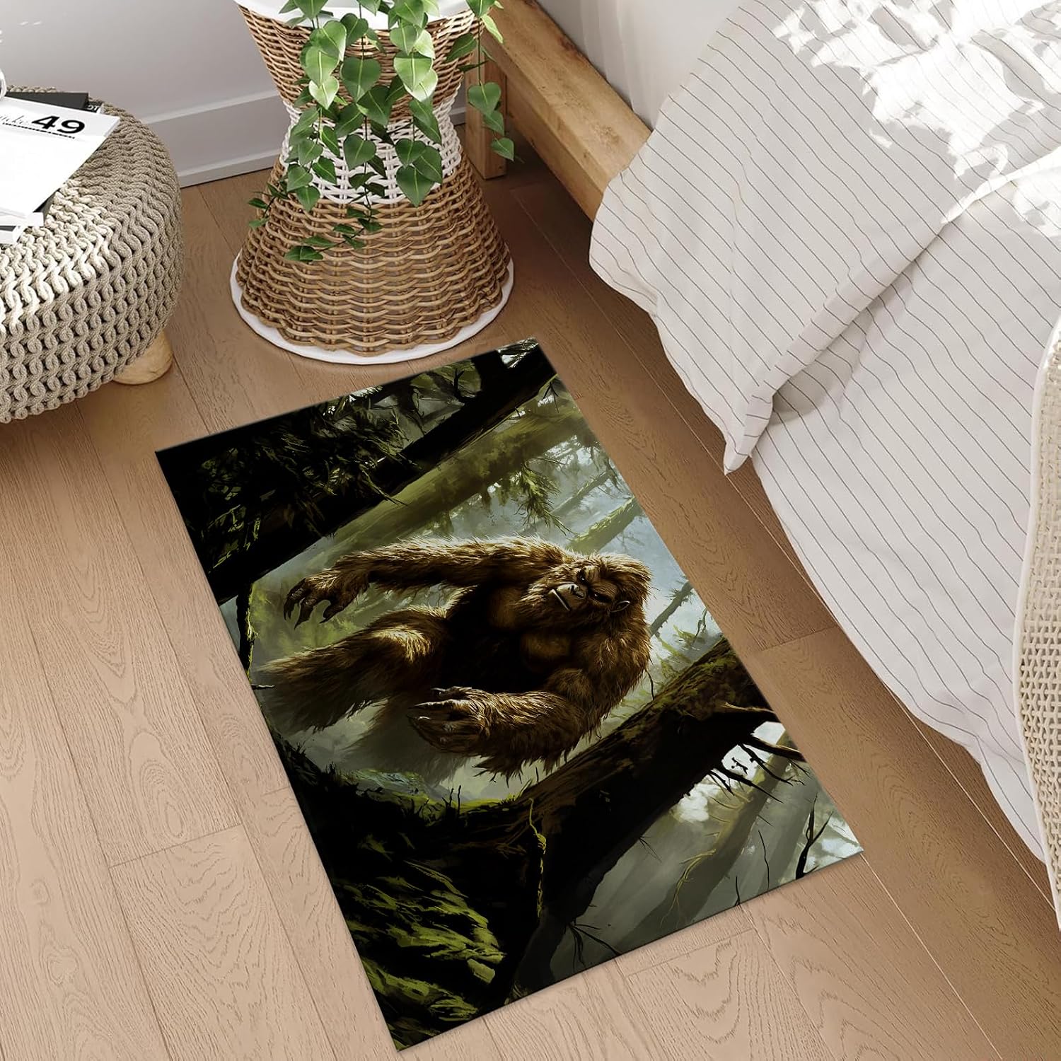 Bigfoot in Forest Indoor Door Mat, 17x29.5 Inch, Floor Area Rug for Entryway, Living Room, or Bathroom, Non-Slip Doormat, Sasquatch Theme Design Home Decor Rug Gifts