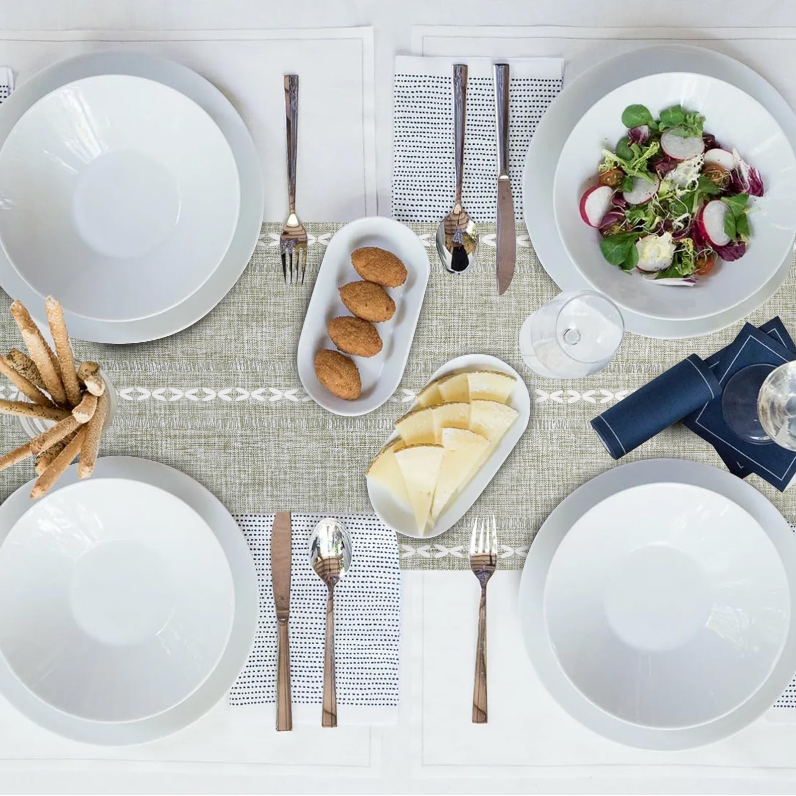 Odot Chemin De Table Lavable Chemin De Table Frange Bohème, Table Tissu Exquis Deco Table Pour L'Intérieur Et L'Extérieur, Vacances, Fête, Salon (30x300cm,Blanc