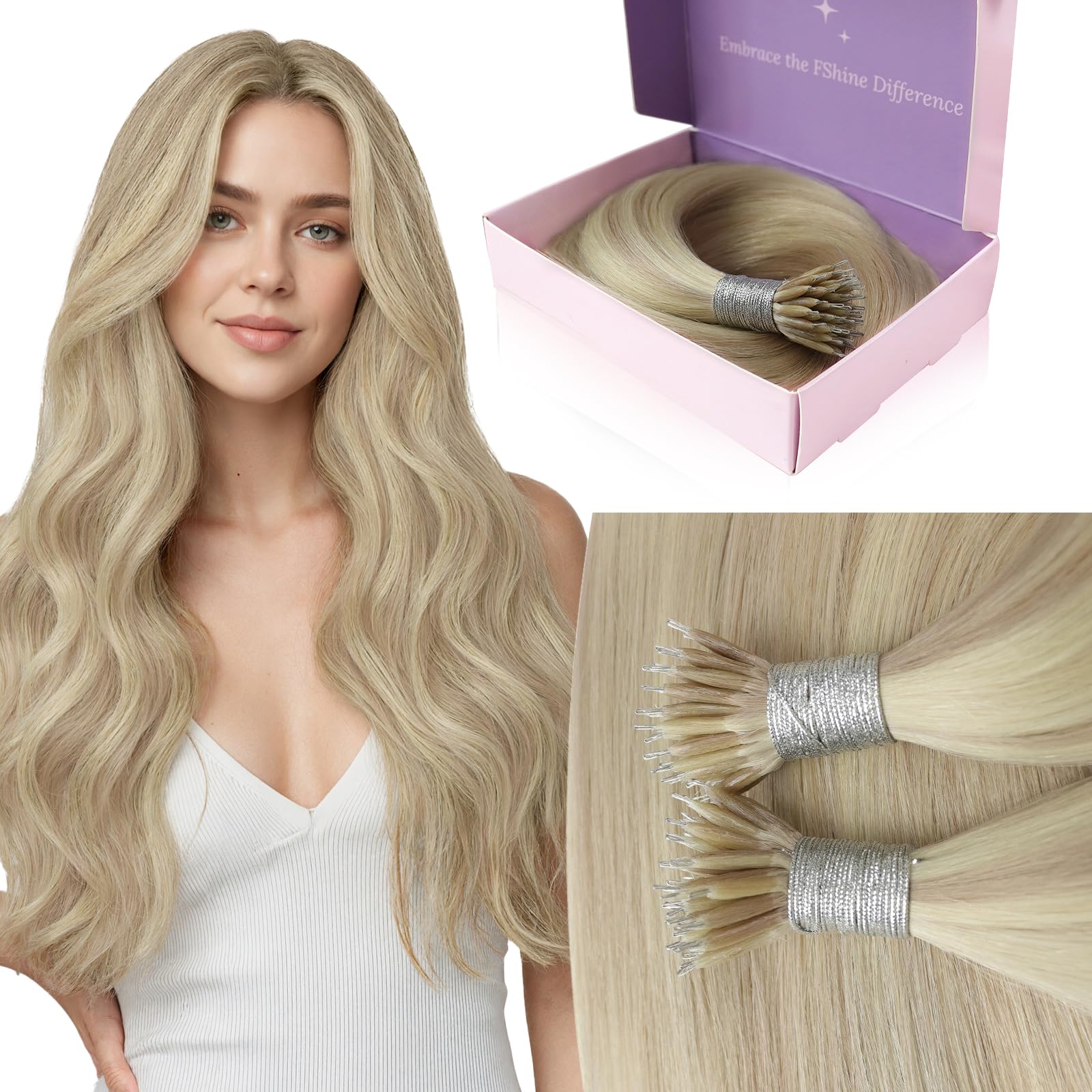 Fshine Extension Cheveux Naturel Nano Ring 50 g 50 cm, Extension Cheveux