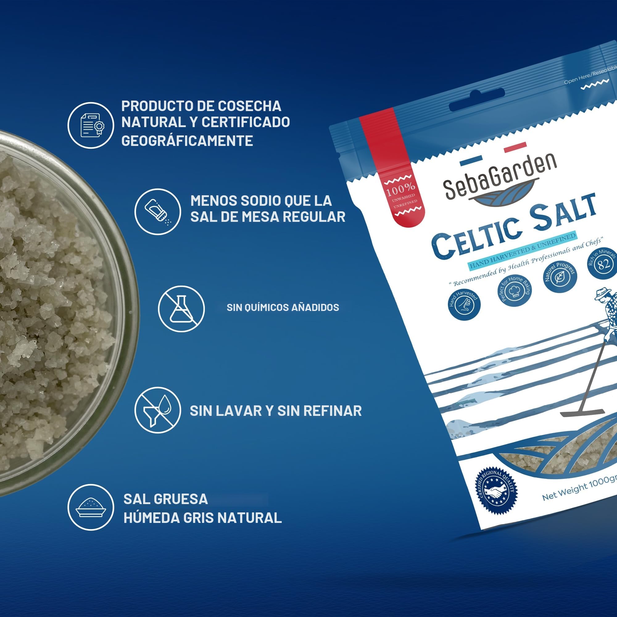 Seba Garden - Bolsa resellable de 1 kg de sal marina celta gris certificada orgánica, cosechada a mano, contiene más de 82 minerales esenciales