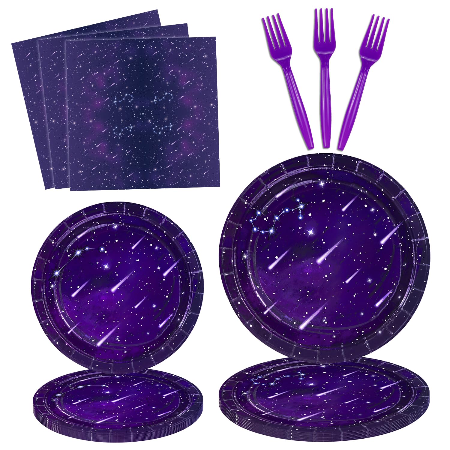 160 Pcs Space Galaxy Party Decoration Star Party Supplies Purple Outer Space Theme Party Supplies Galaxy party Tableware Set Paper Plates Purple Galaxy Napkins Favors for 40 Guests
