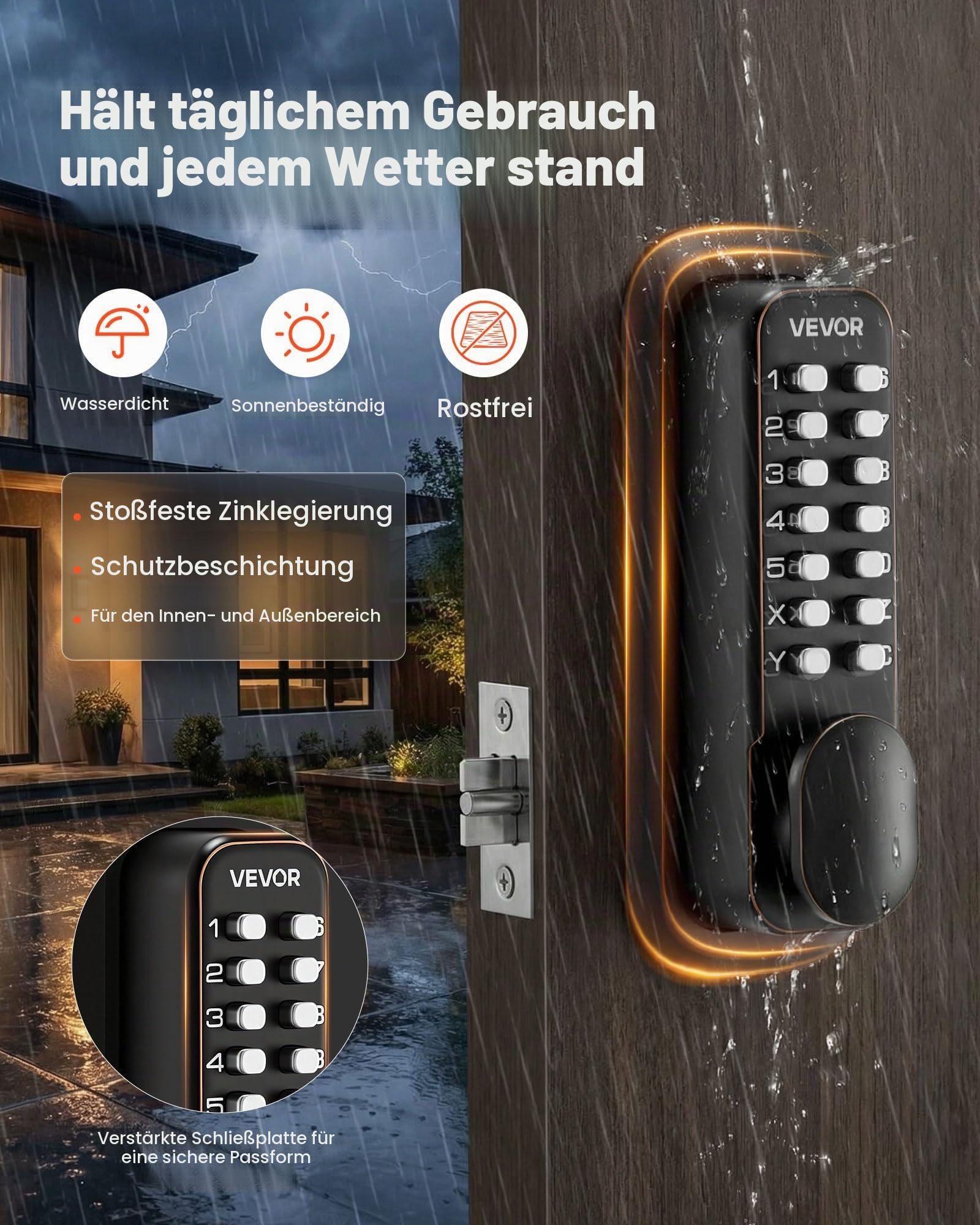 VEVOR Mechanisches Codeschloss mit Doppelseitigem Tastenschloss (4- bis 7-stelliger Code), Schlüsselloses Türschloss mit Türknauf & Automatischer Verriegelung, für Haustüren Garagen, Ölgebronzefarben