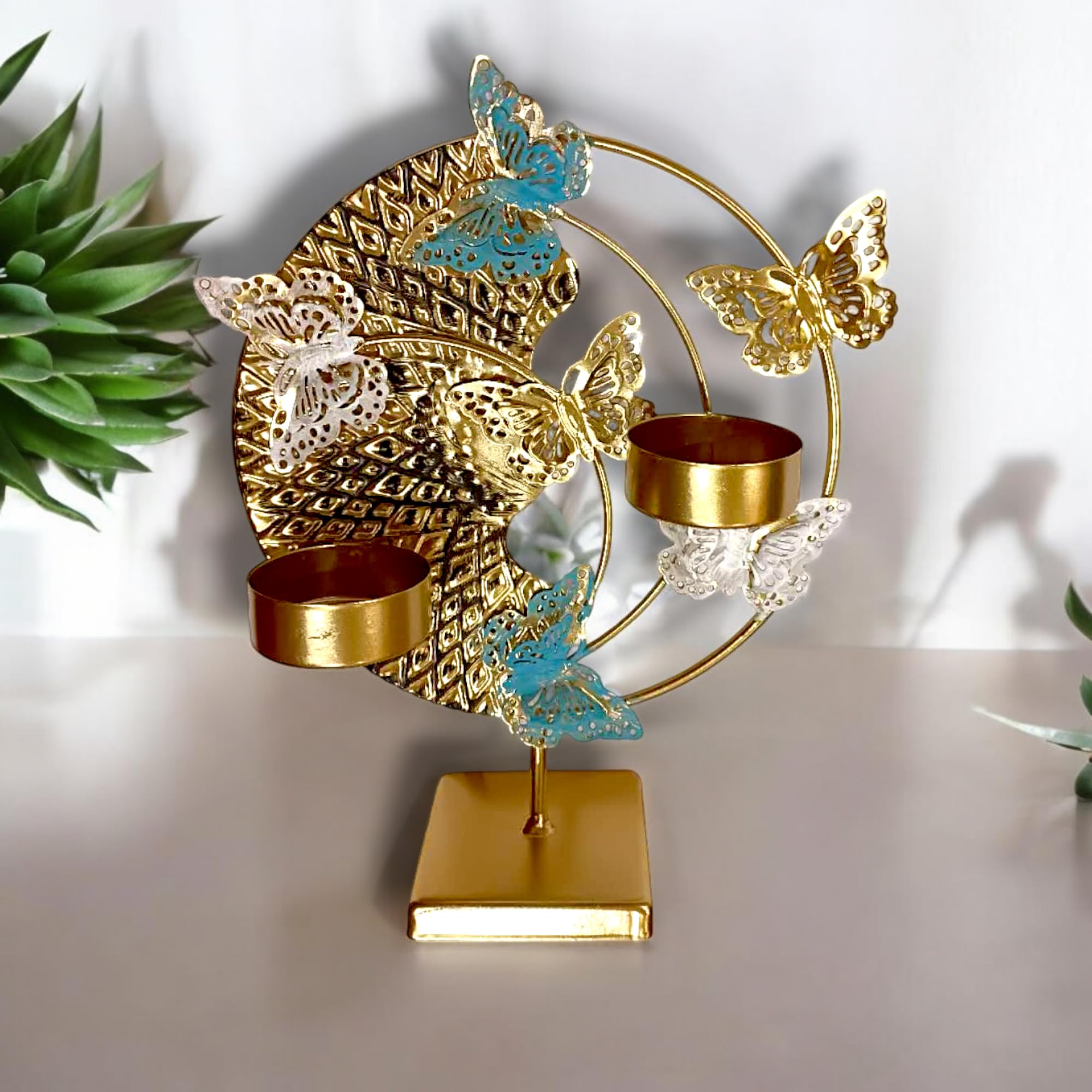 COZY nose - Metal Art Piece for Home Decor | Golden Butterflies with Candle Holder | Home Decor Items for Living Room Show Piece | Table Artifact for Decoration (Round Metallic)