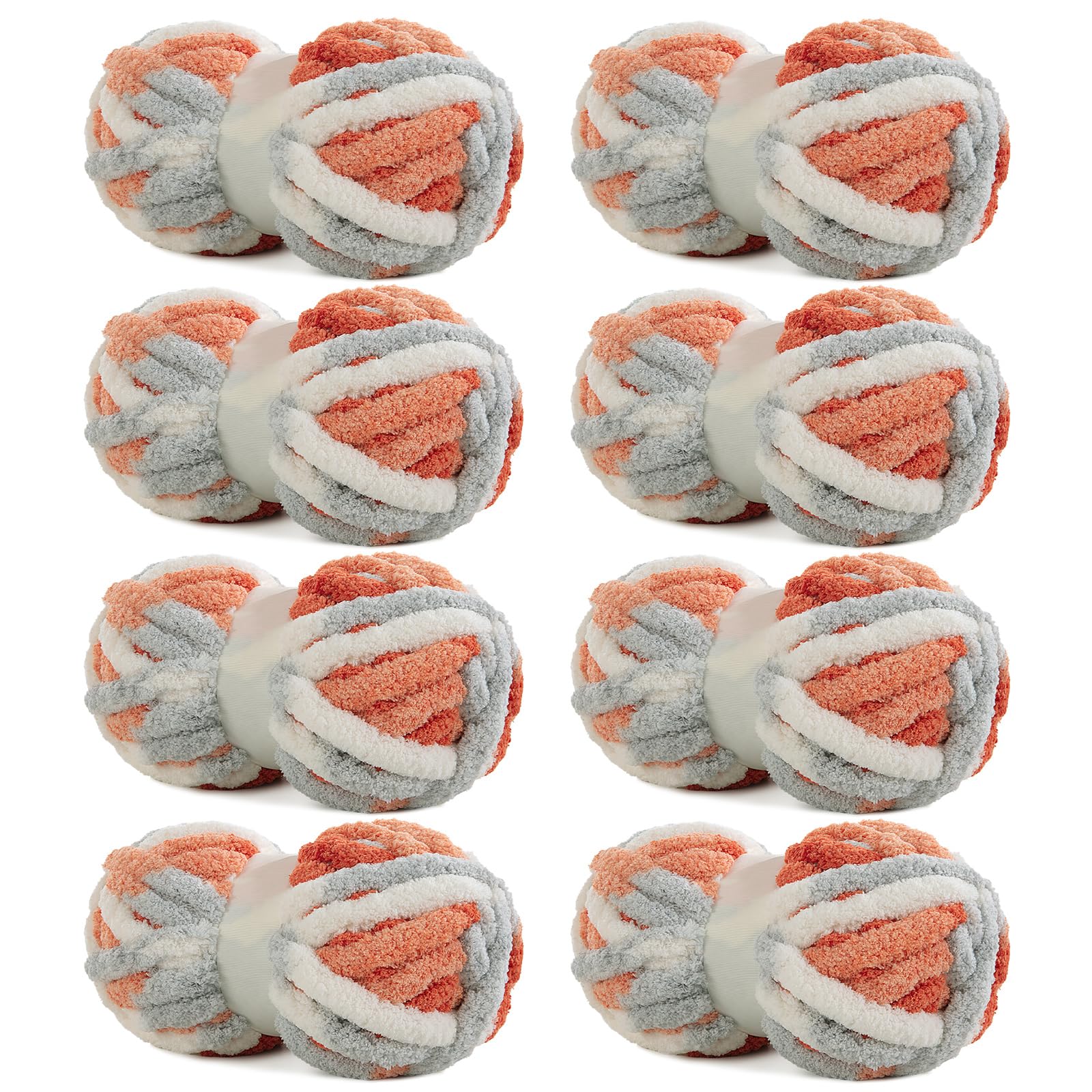 HOMBYS 8 Pack Giant Chunky Yarn for Crocheting,Super Bulky Large Soft Fluffy Yarn,Tie Dye Plush Fuzzy Yarn,Mixed Color Thick Chenille Yarn for Hand Knitting/Arm Knitting (Orange,Light Grey,White) — image 1
