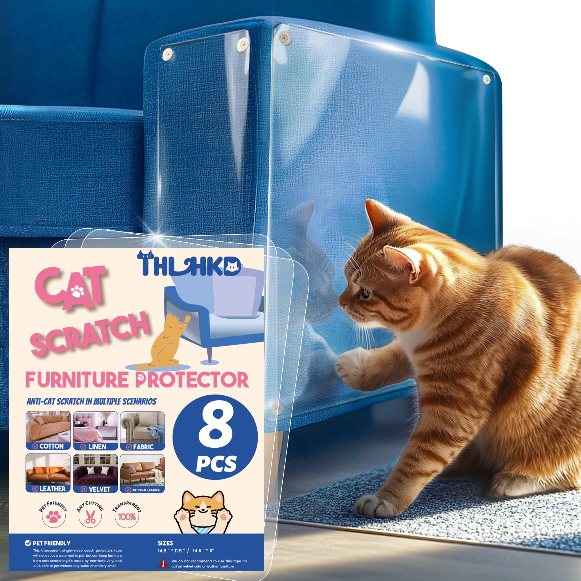 THLHKD Cat Scratch Furniture Protector: 8 Pcs Couch Protectors Tape from Cats Claws Scratching Single Sided Clear Sticky Sheets Proof Clawing Sofa