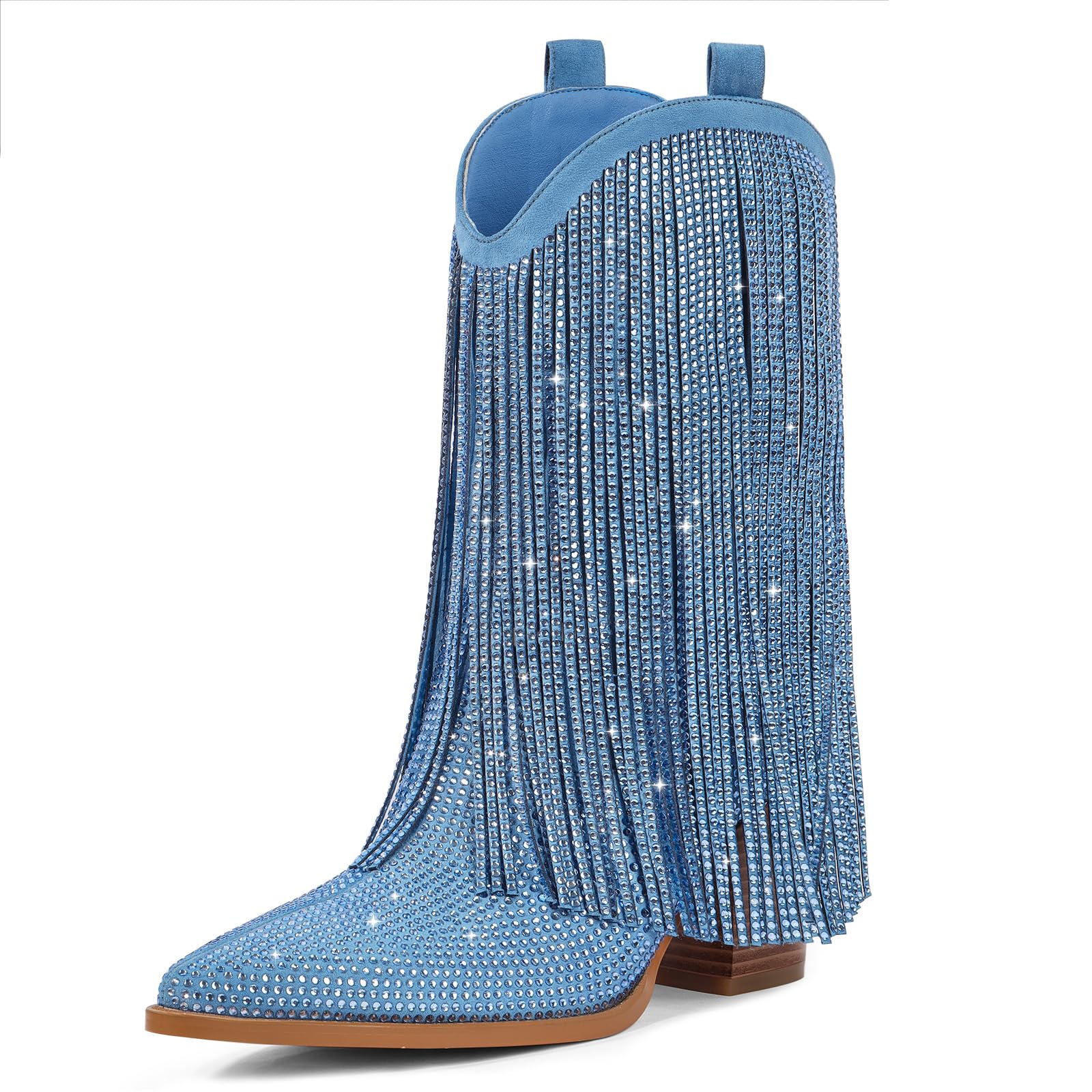 HICLOTSA Cowboy Boots for Women - Cowgirl Western Rhinestone Sparkly Fringe Chunky Heel Pointed Toe Ankle Boots