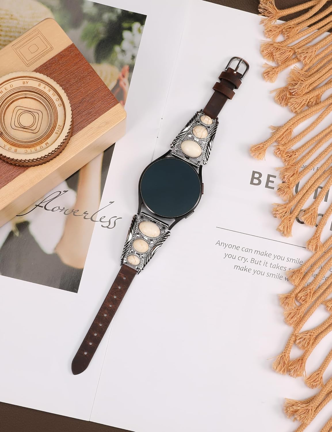 Minyee Leather Band Compatible with Samsung Galaxy Watch 7/6/5/4/FE/Active 2 40mm 44mm/Watch 6 Classic 43mm 47mm/Watch 5 Pro 45mm Band Women, Western Turquoise Boho Vintage Jewelry 20mm Watch Strap - Image 4