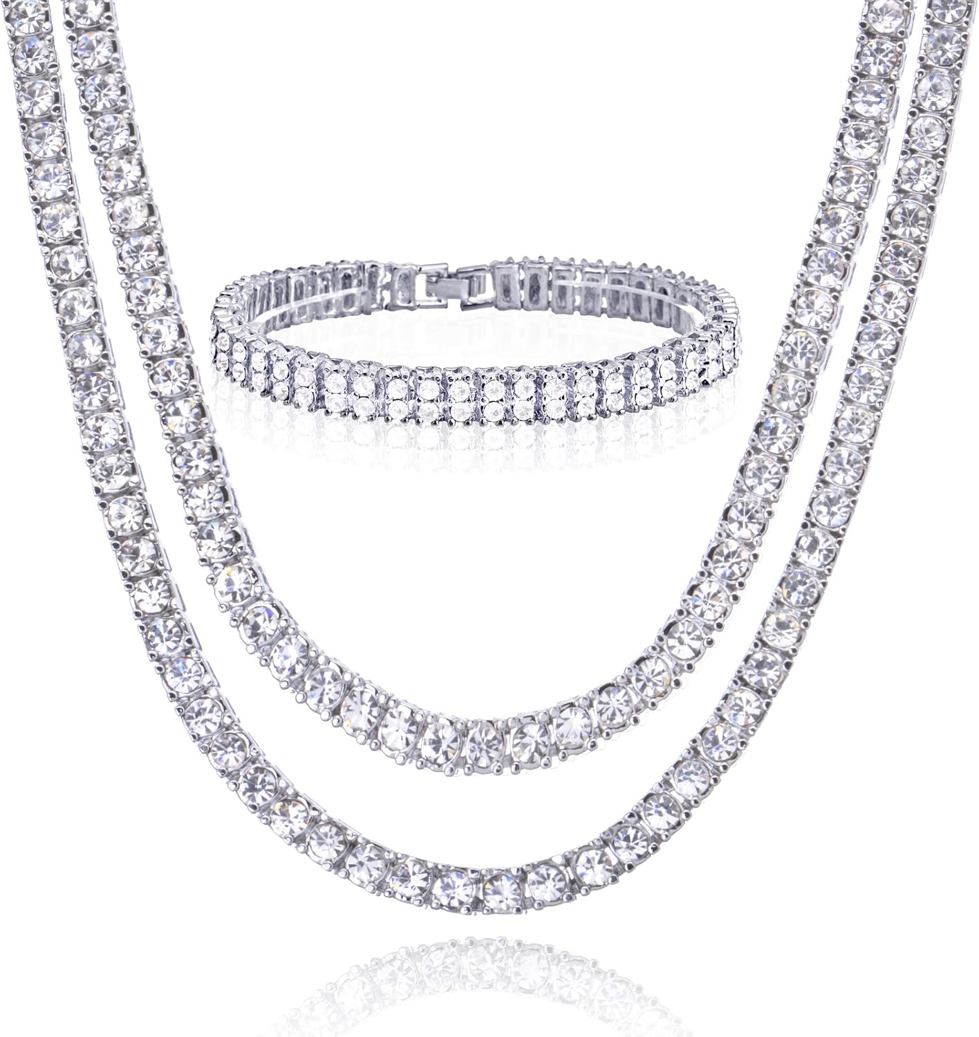 Silver Plated Double Tennis Chain 16" + 18" and 2 Row 8" Bracelet 3 pc Set