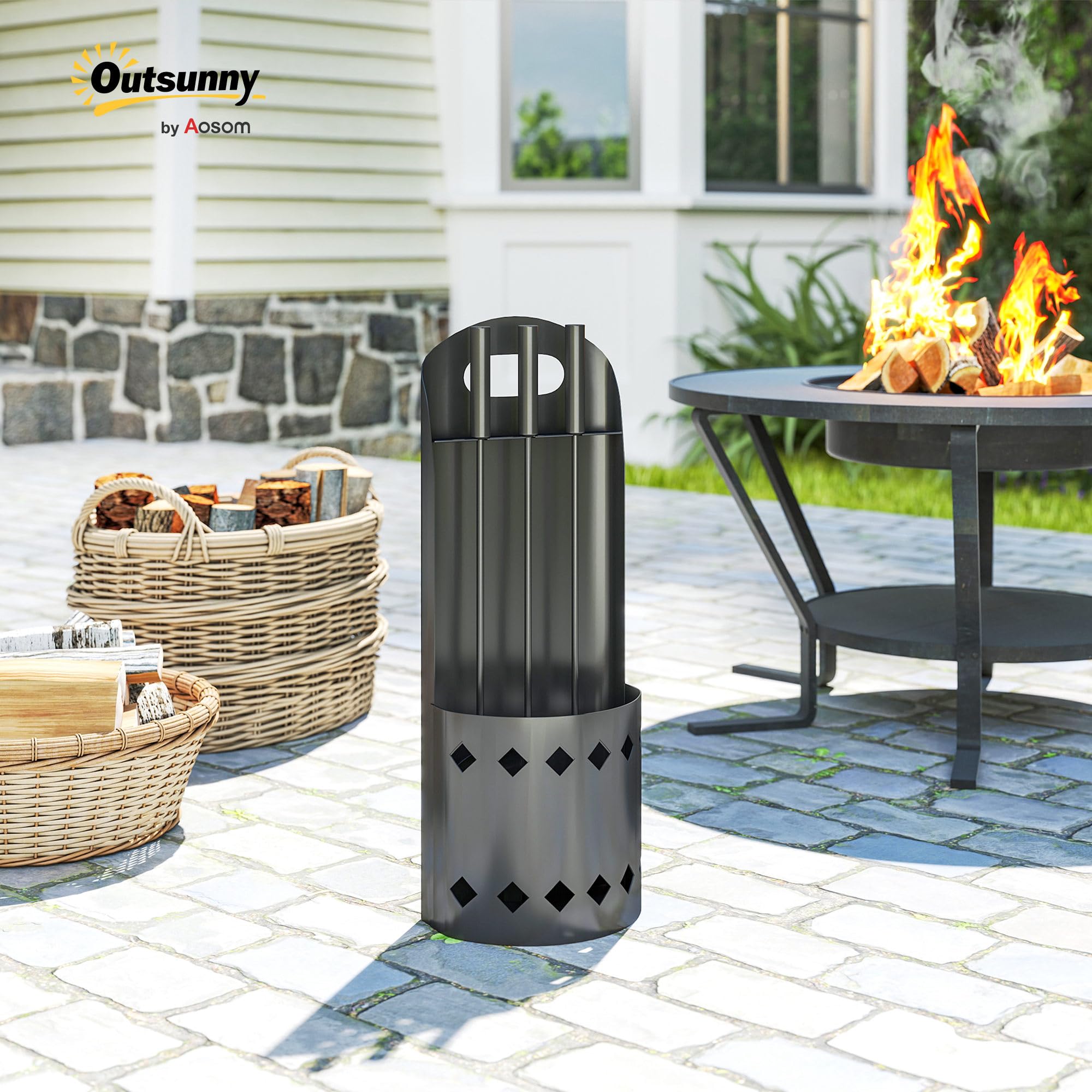 Outsunny Juego de 4 accesorios de chimenea de metal, juego de accesorios para chimenea con escoba, pala, póquer, cubo, color negro