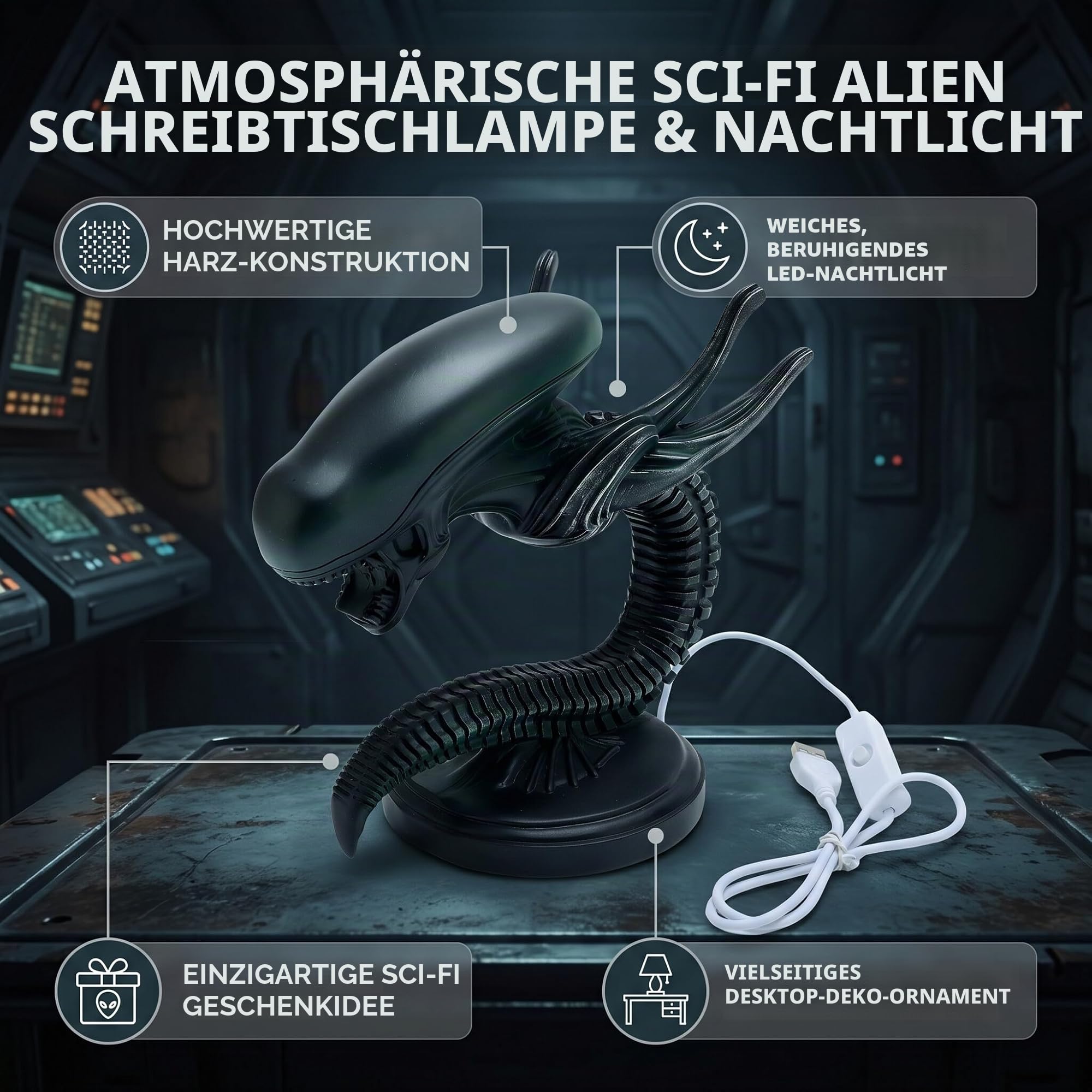 Alien Lampe Schreibtisch, LED Nachtlicht aus Kunstharz mit Sci-Fi Design, Tischleuchte für Horror Fans, kreatives Geschenk Stil 2