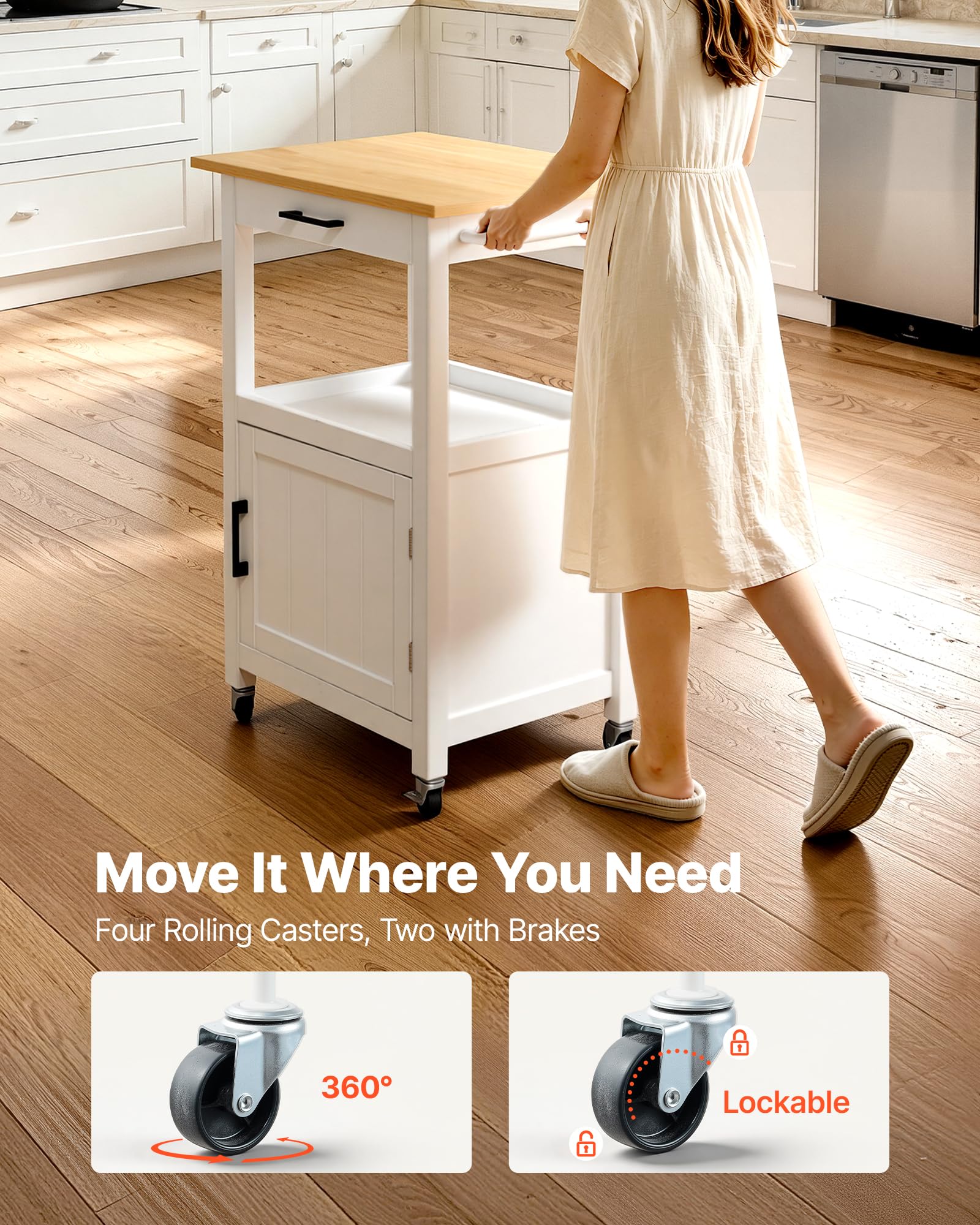 VEVOR Carrello da Cucina Anta Singola Cassetto per Sala da Pranzo Bianco | Mobiletto Portaoggetti, Portasciugamani, Ganci, Tavolo Portautensili con 4 Ruote, Piccola Stazione da Caffè, Salotto, Ufficio