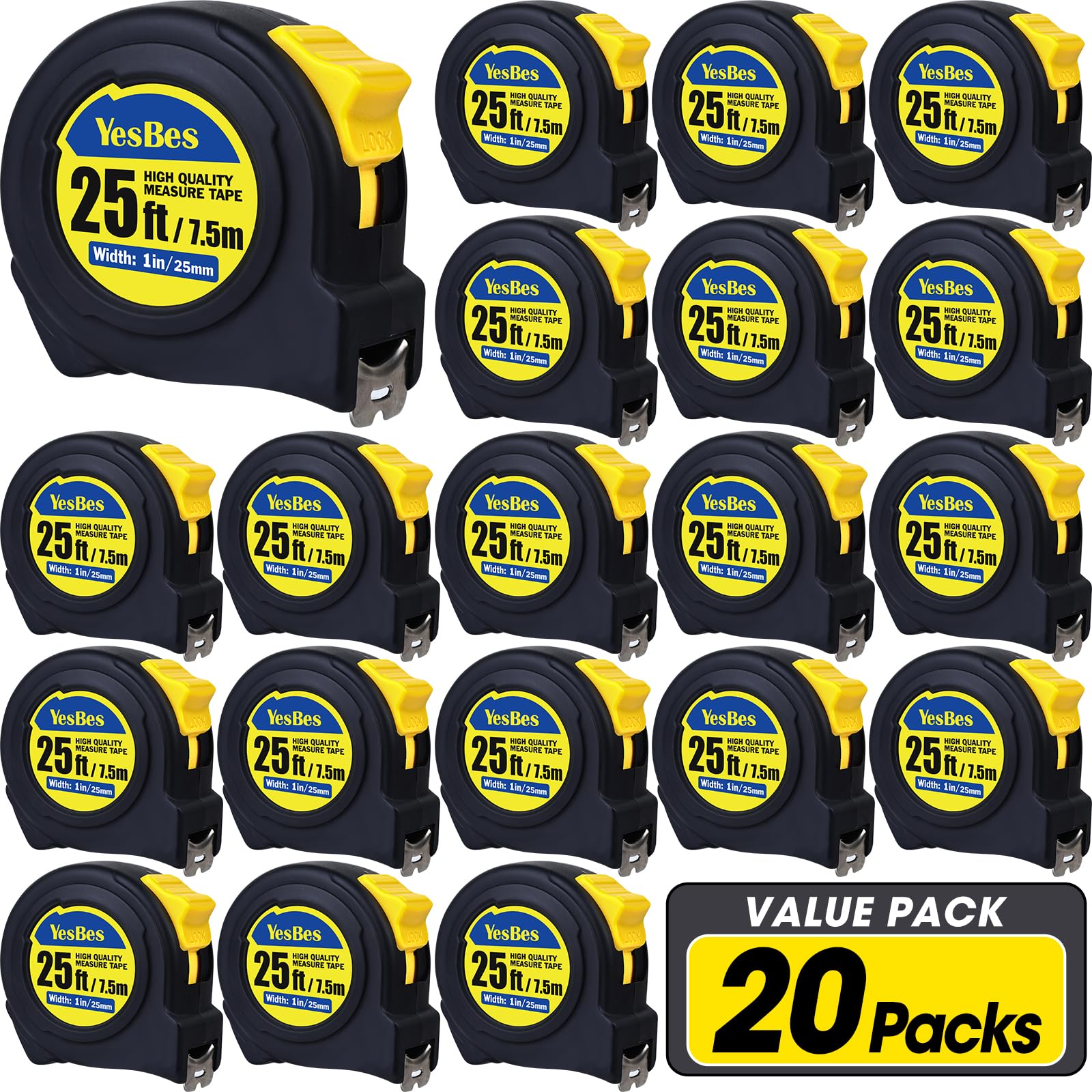 Tape Measure 25 Ft - Metal Retractable Tape Measure With Fractions, Easy Read, 1-inch Wide X 25 Foot