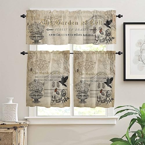 Juego de 3 cortinas de cocina retro de Halloween con bolsillo para barra cenefa y niveles para filtrar la luz y ventanas para sala de estar