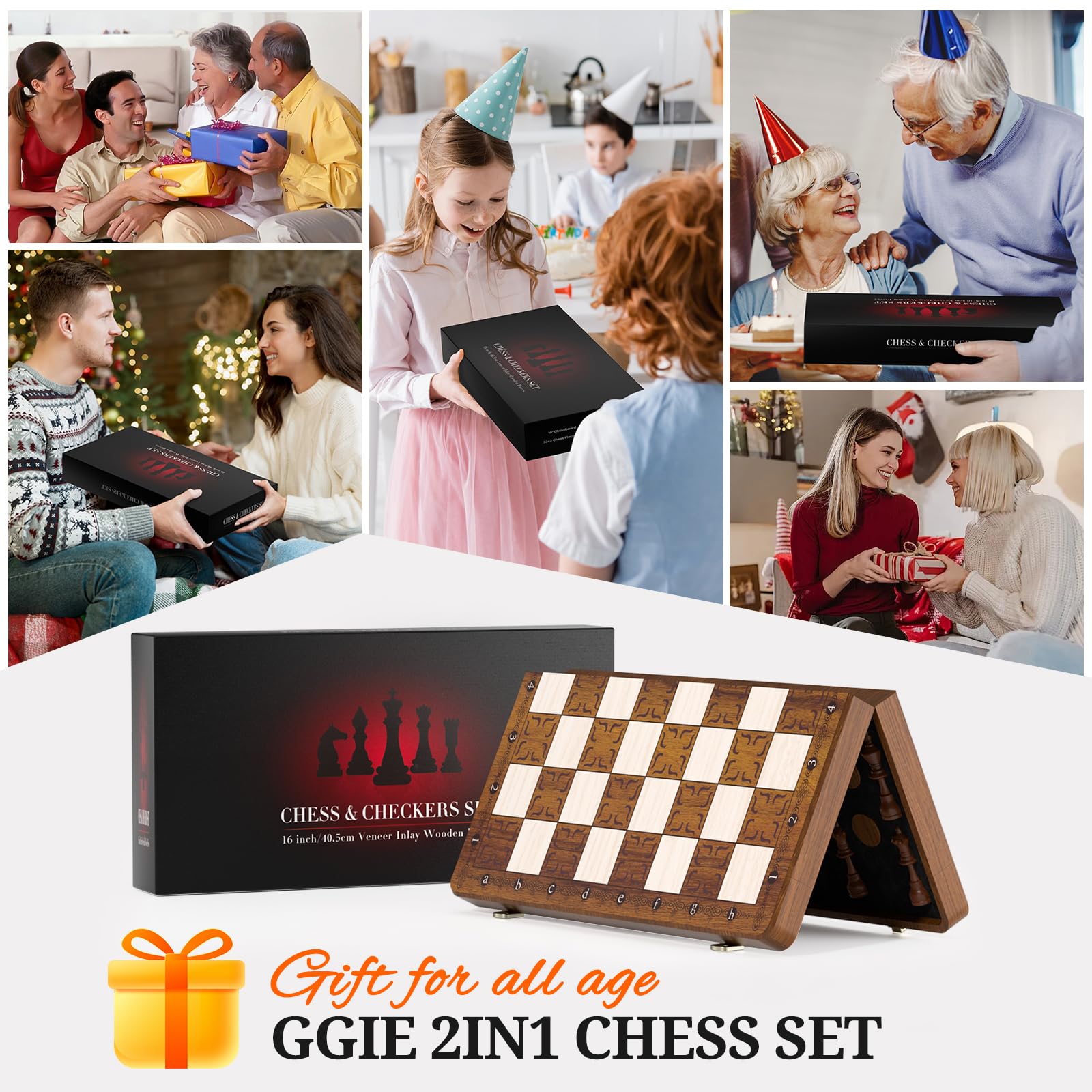 2IN1 Schachspiel Magnetisch -39x39cm Klappbares Schachbrett Holz Hochwertig mit 32 Schachfiguren & 2 Zusätzliche Damen, Schach für Erwachsene und Kinder